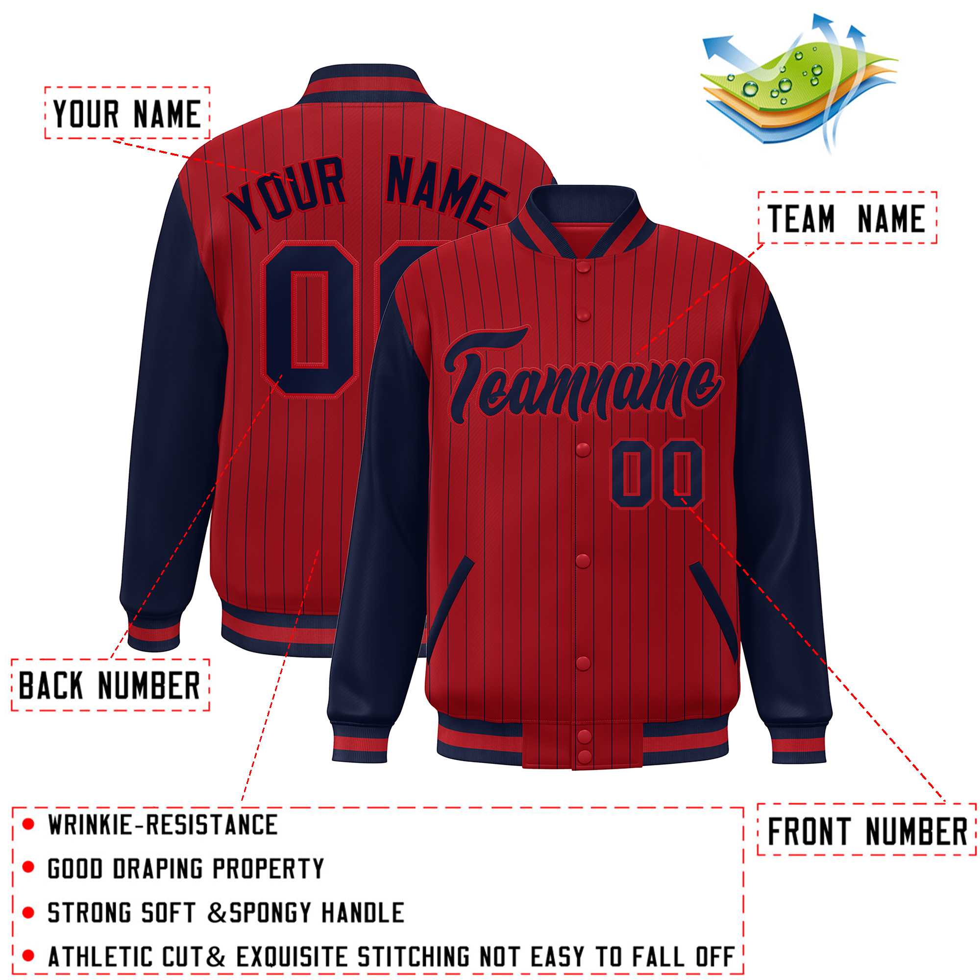 Custom Red Navy Stripe Fashion Bomber Varsity Jacket with Raglan Sleeves