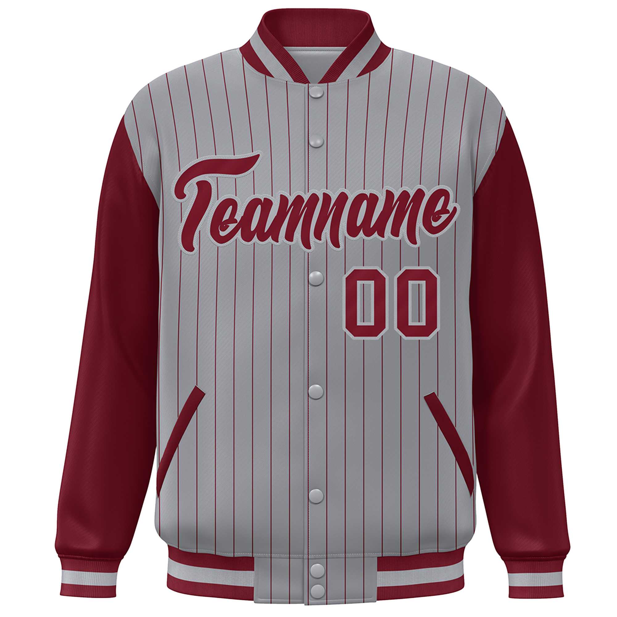 Custom Gray Crimson Stripe Fashion Bomber Varsity Jacket with Raglan Sleeves