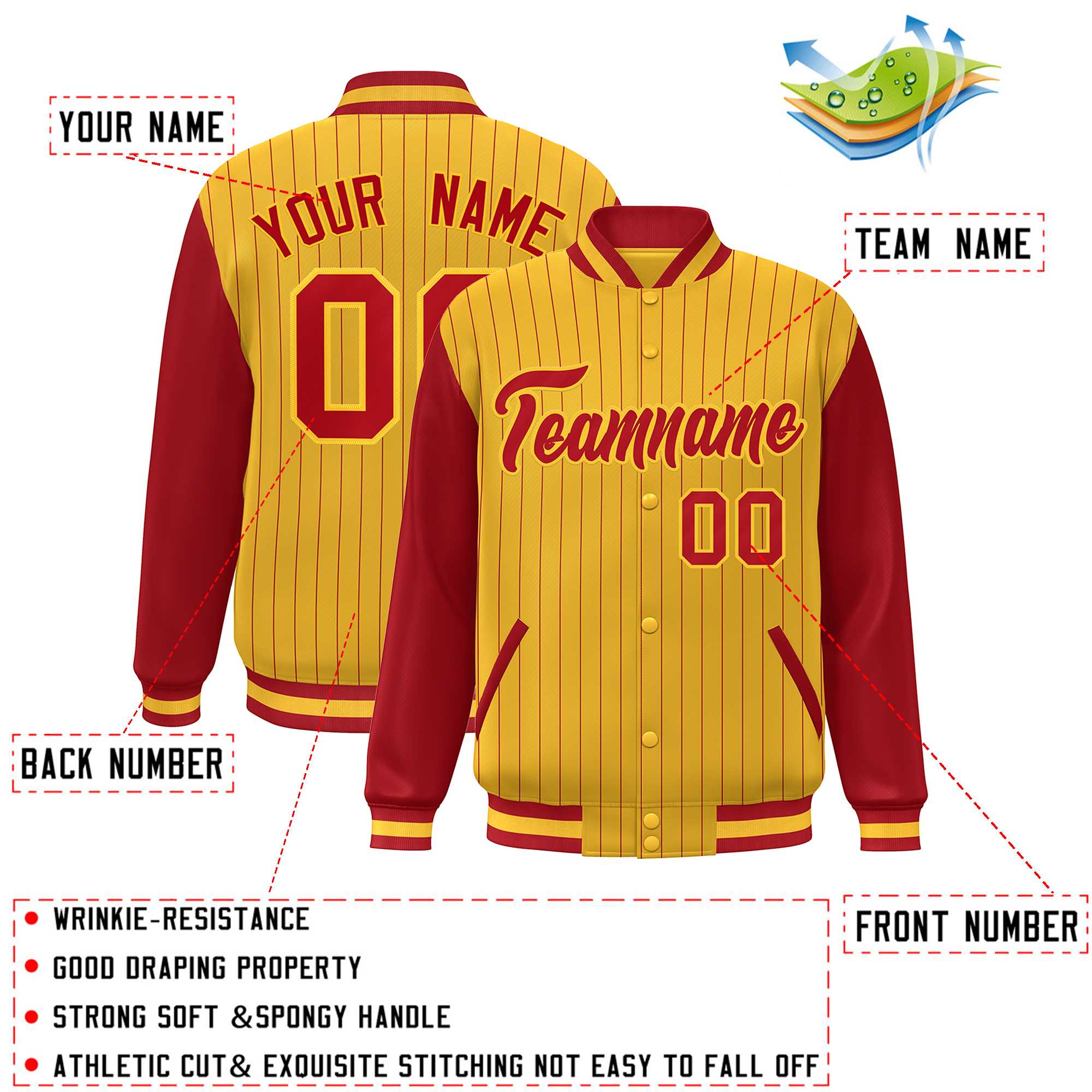 Custom Gold Red Stripe Fashion Bomber Varsity Jacket with Raglan Sleeves