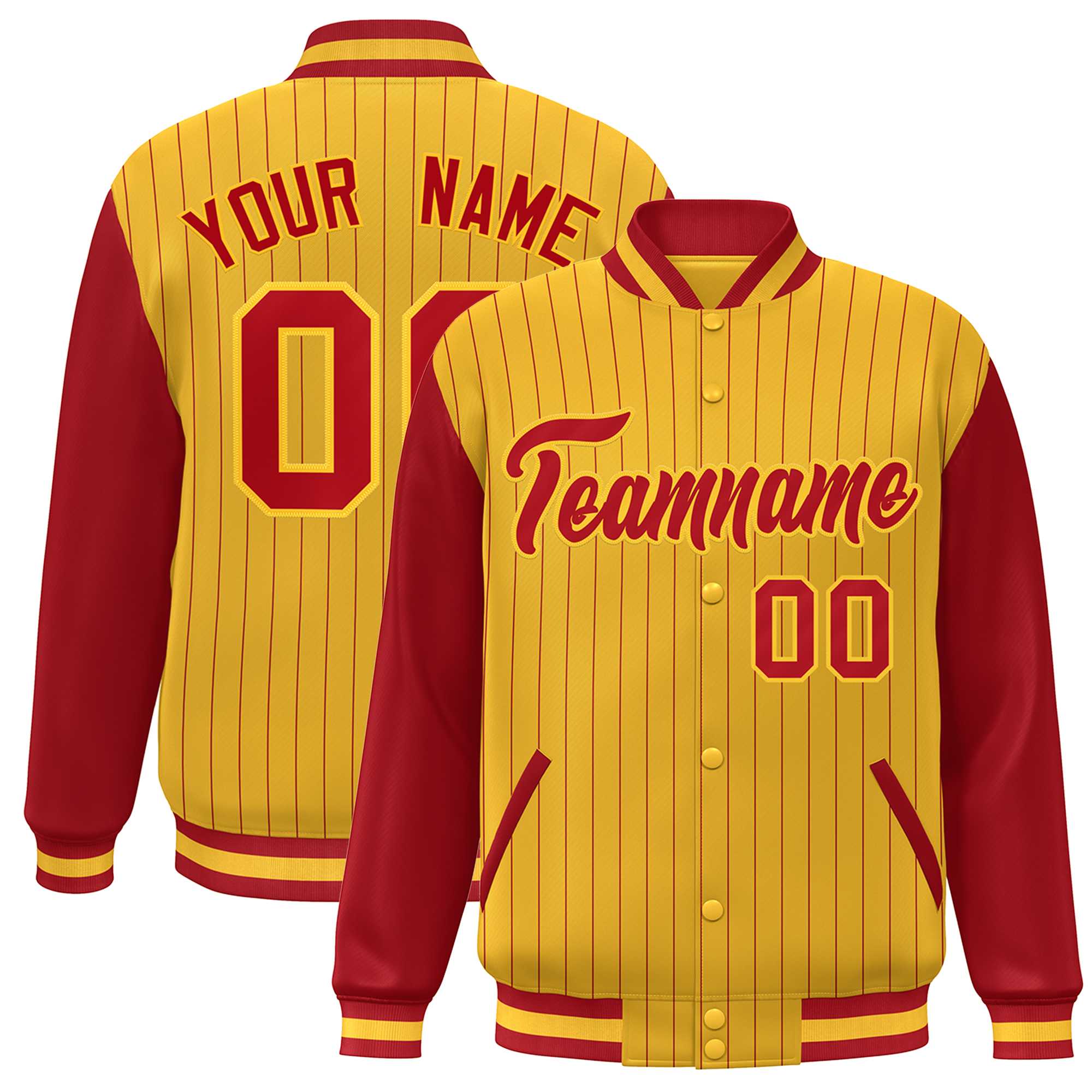 Custom Gold Red Stripe Fashion Bomber Varsity Jacket with Raglan Sleeves