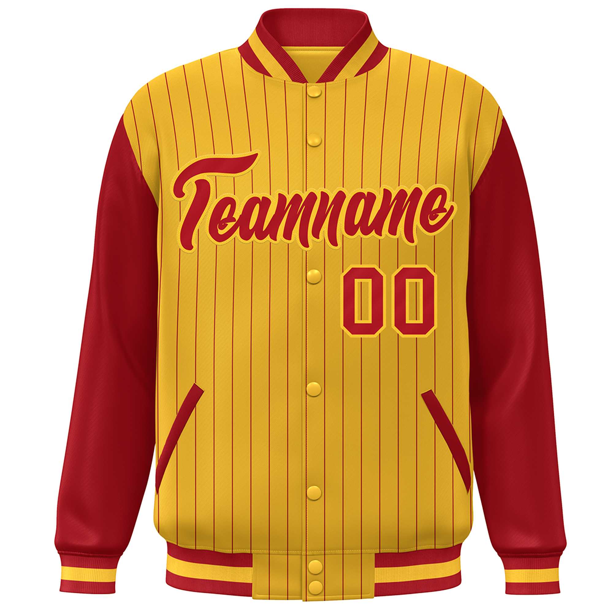 Custom Gold Red Stripe Fashion Bomber Varsity Jacket with Raglan Sleeves