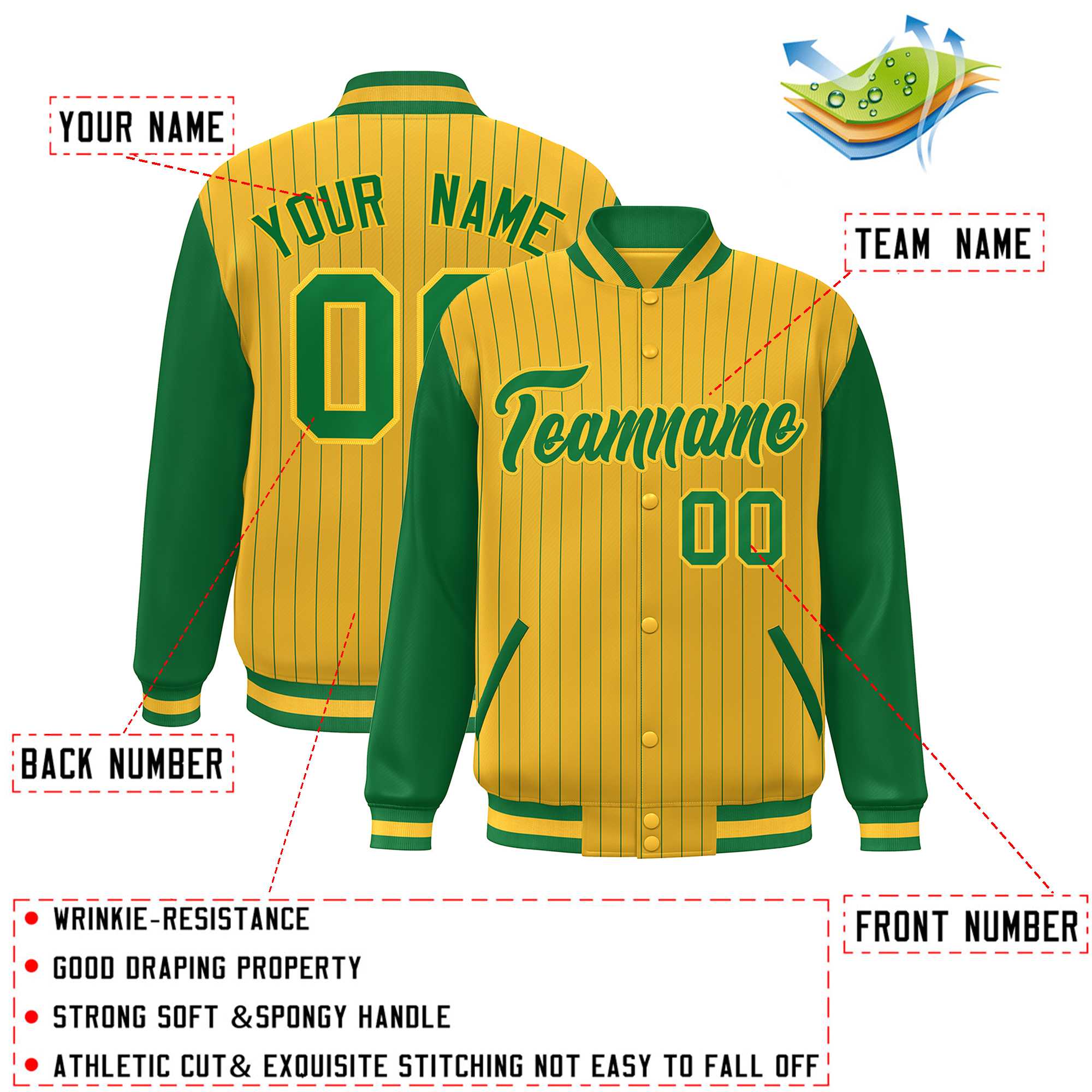 Custom Gold Kelly Green Stripe Fashion Bomber Varsity Jacket with Raglan Sleeves