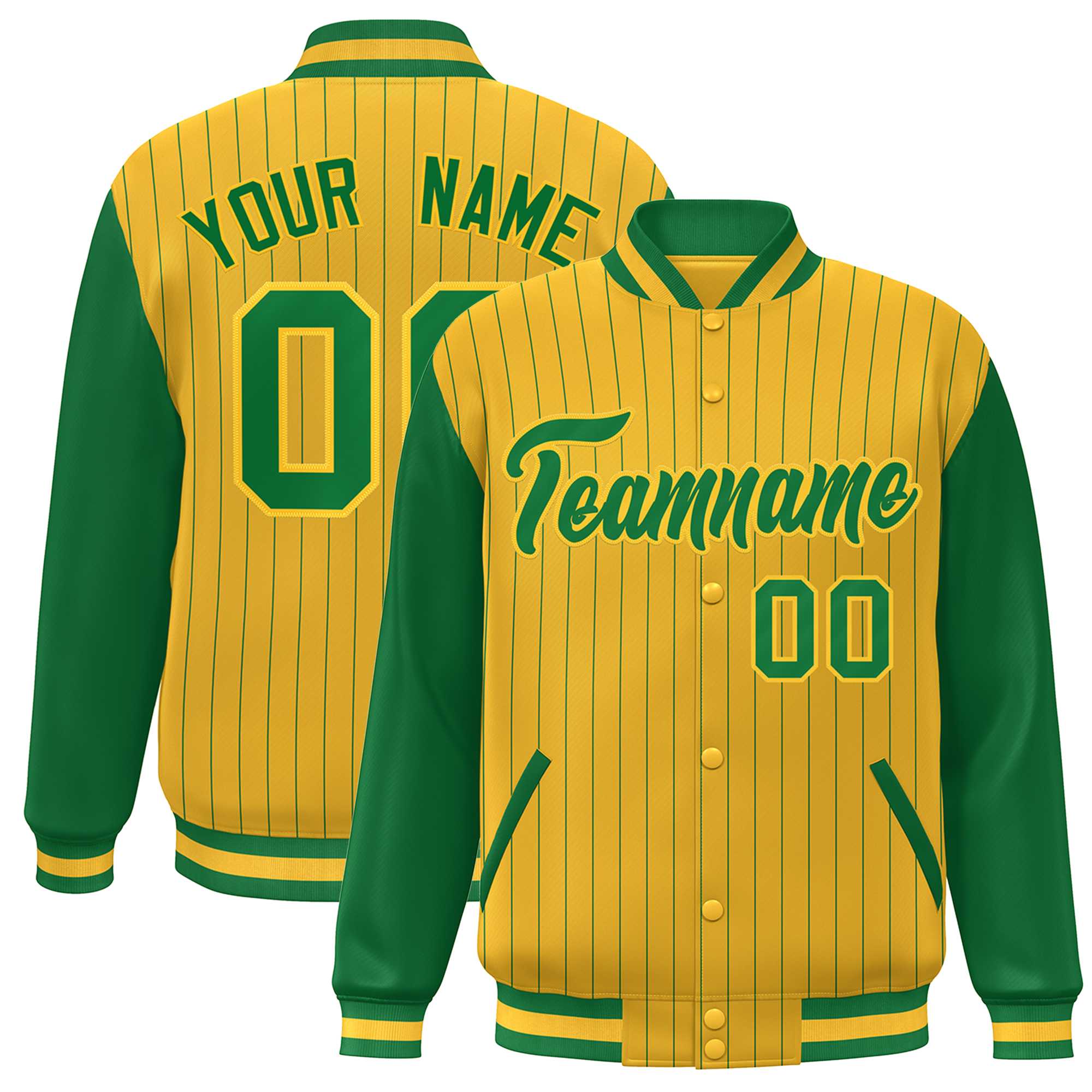 Custom Gold Kelly Green Stripe Fashion Bomber Varsity Jacket with Raglan Sleeves