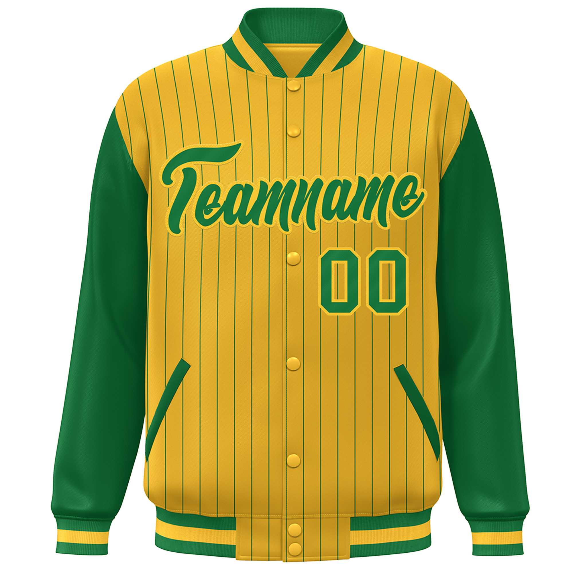 Custom Gold Kelly Green Stripe Fashion Bomber Varsity Jacket with Raglan Sleeves