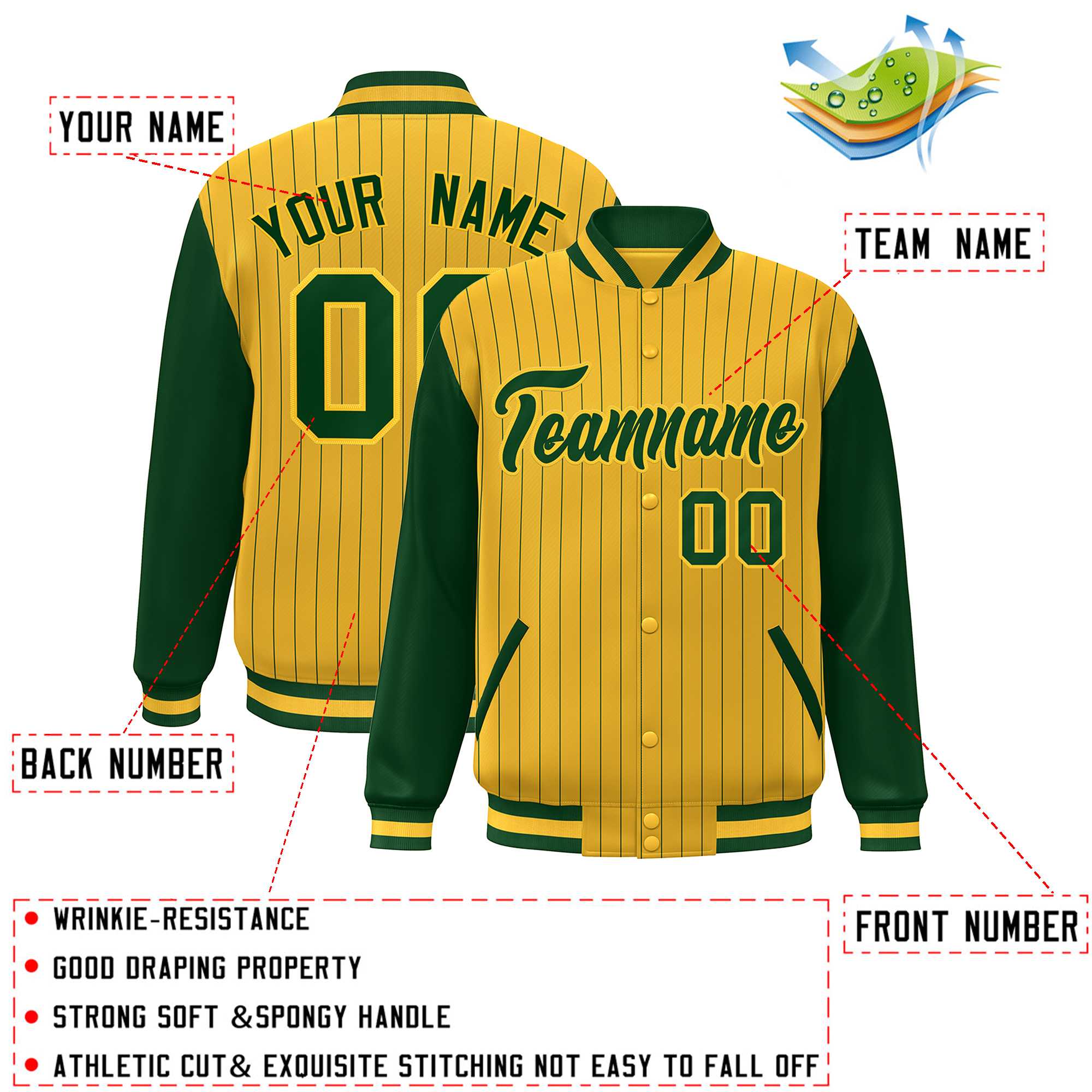 Custom Gold Green Stripe Fashion Bomber Varsity Jacket with Raglan Sleeves