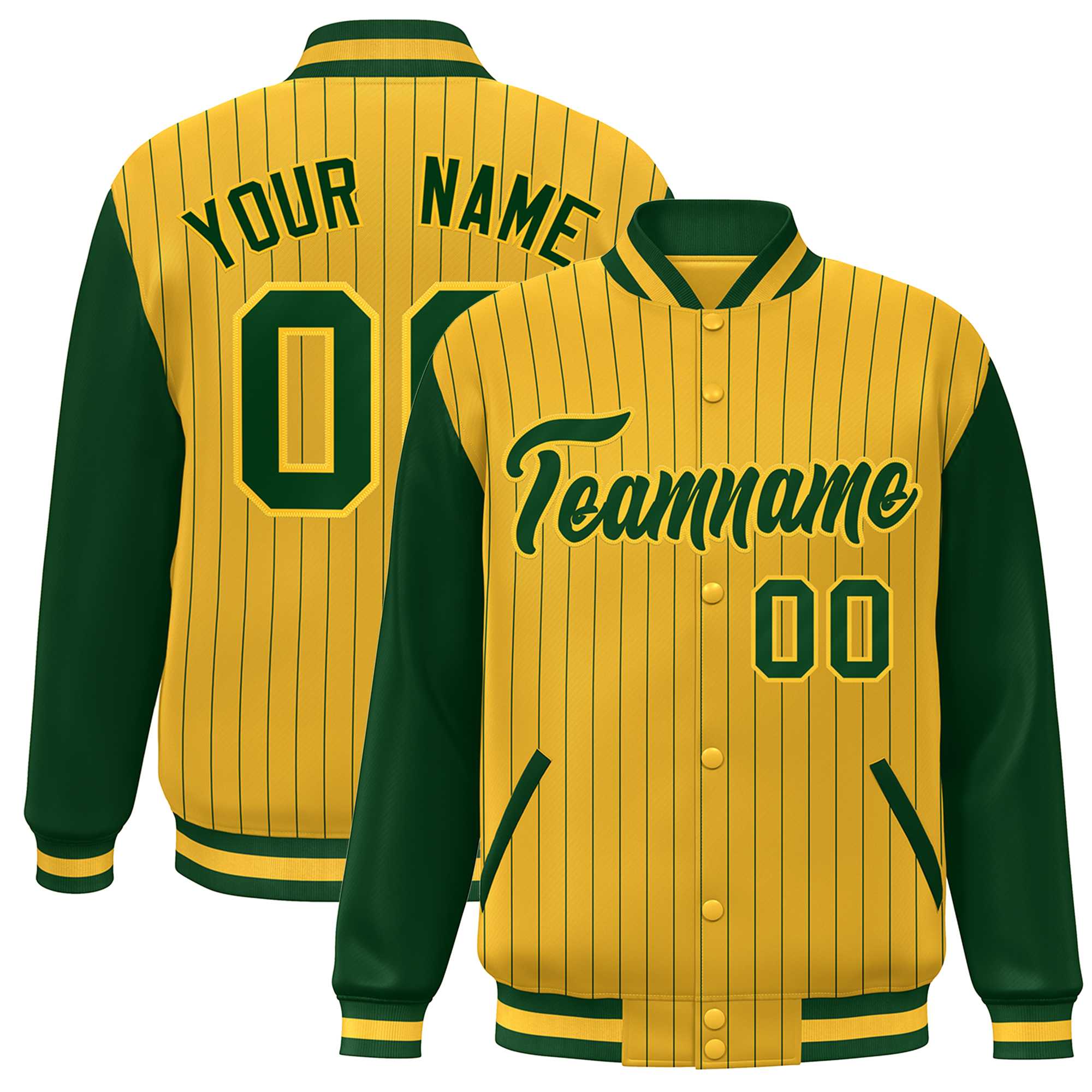 Custom Gold Green Stripe Fashion Bomber Varsity Jacket with Raglan Sleeves