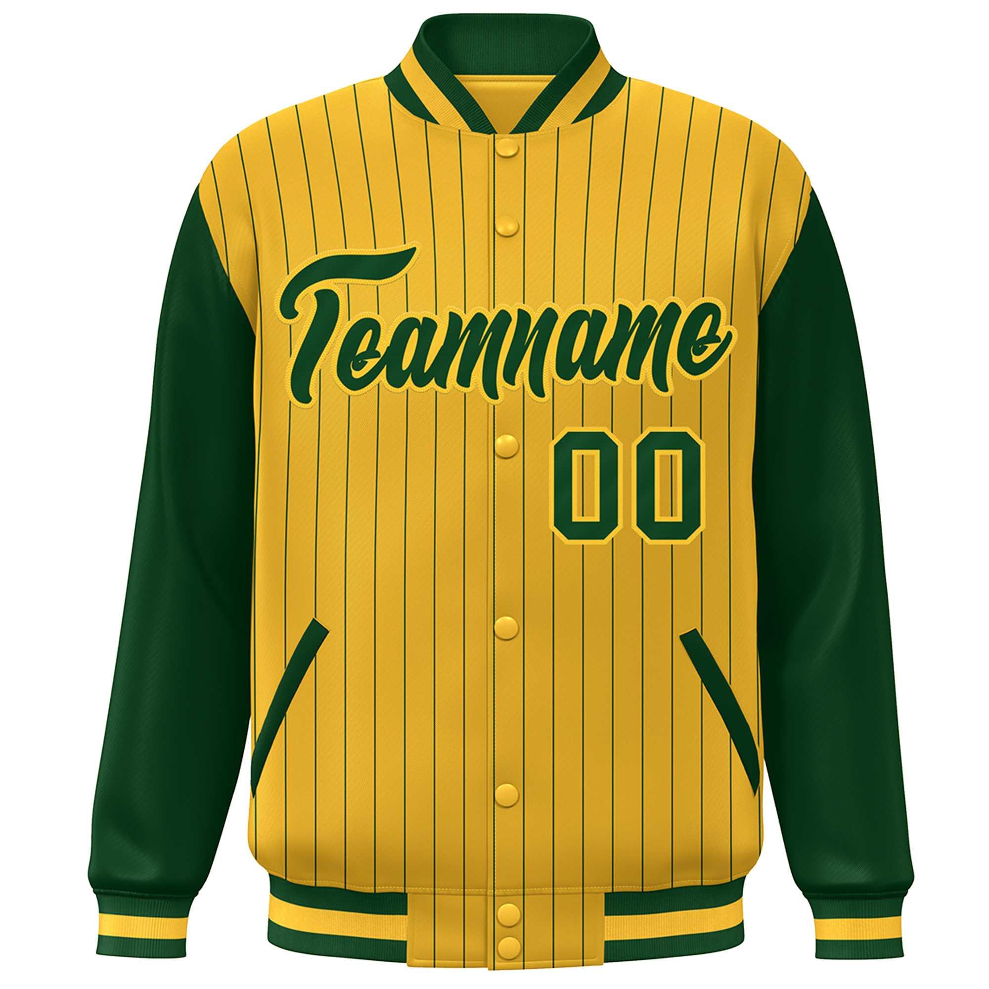 Custom Gold Green Stripe Fashion Bomber Varsity Jacket with Raglan Sleeves