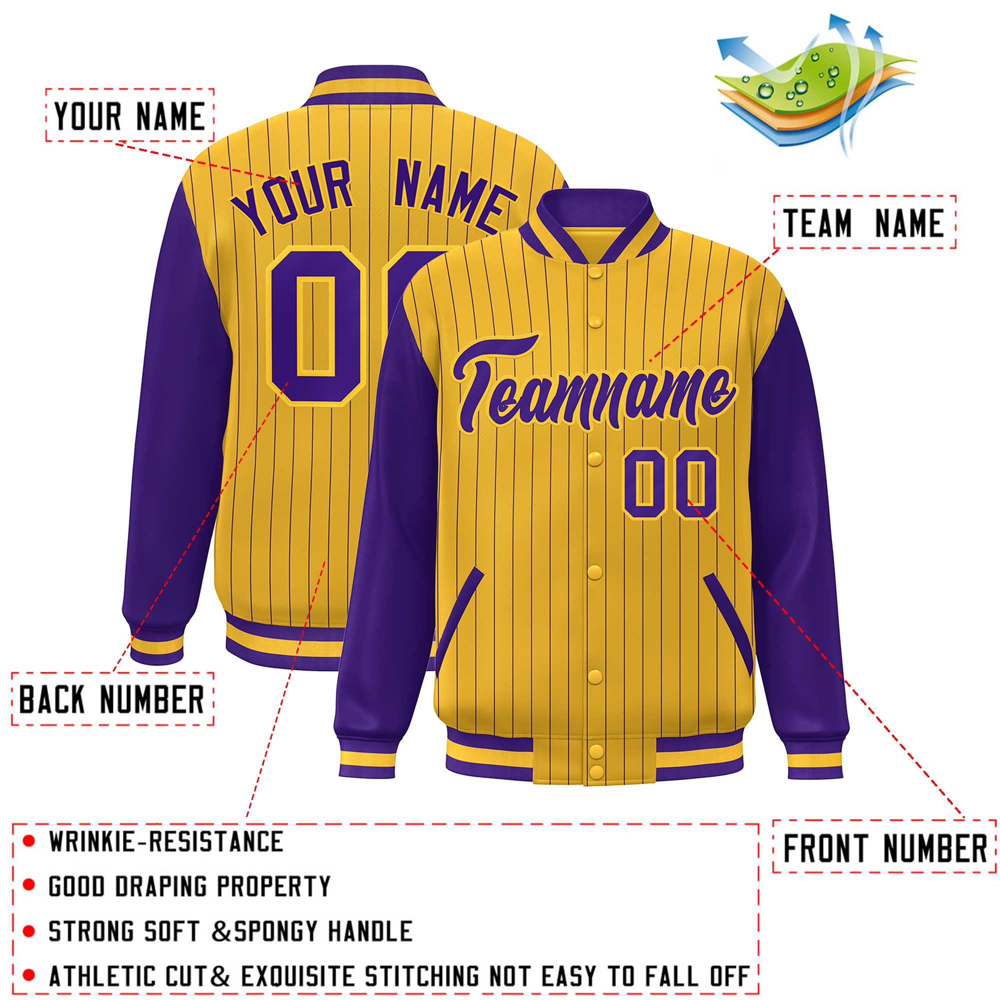 Custom Gold Purple Stripe Fashion Bomber Varsity Jacket with Raglan Sleeves