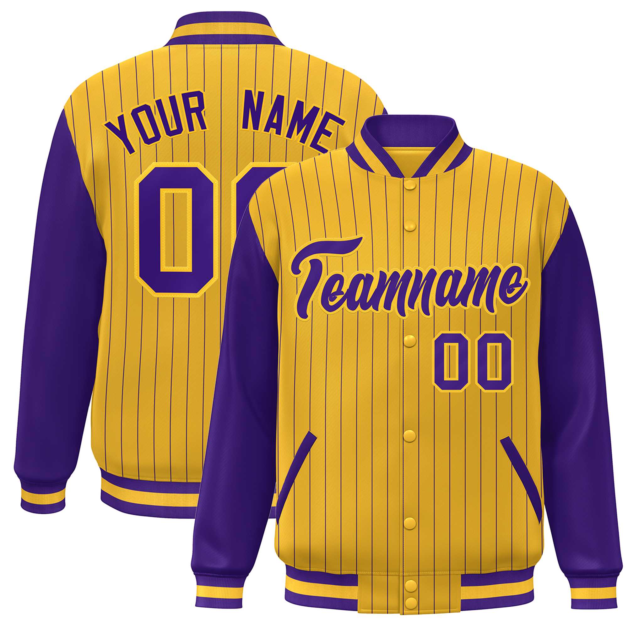 Custom Gold Purple Stripe Fashion Bomber Varsity Jacket with Raglan Sleeves