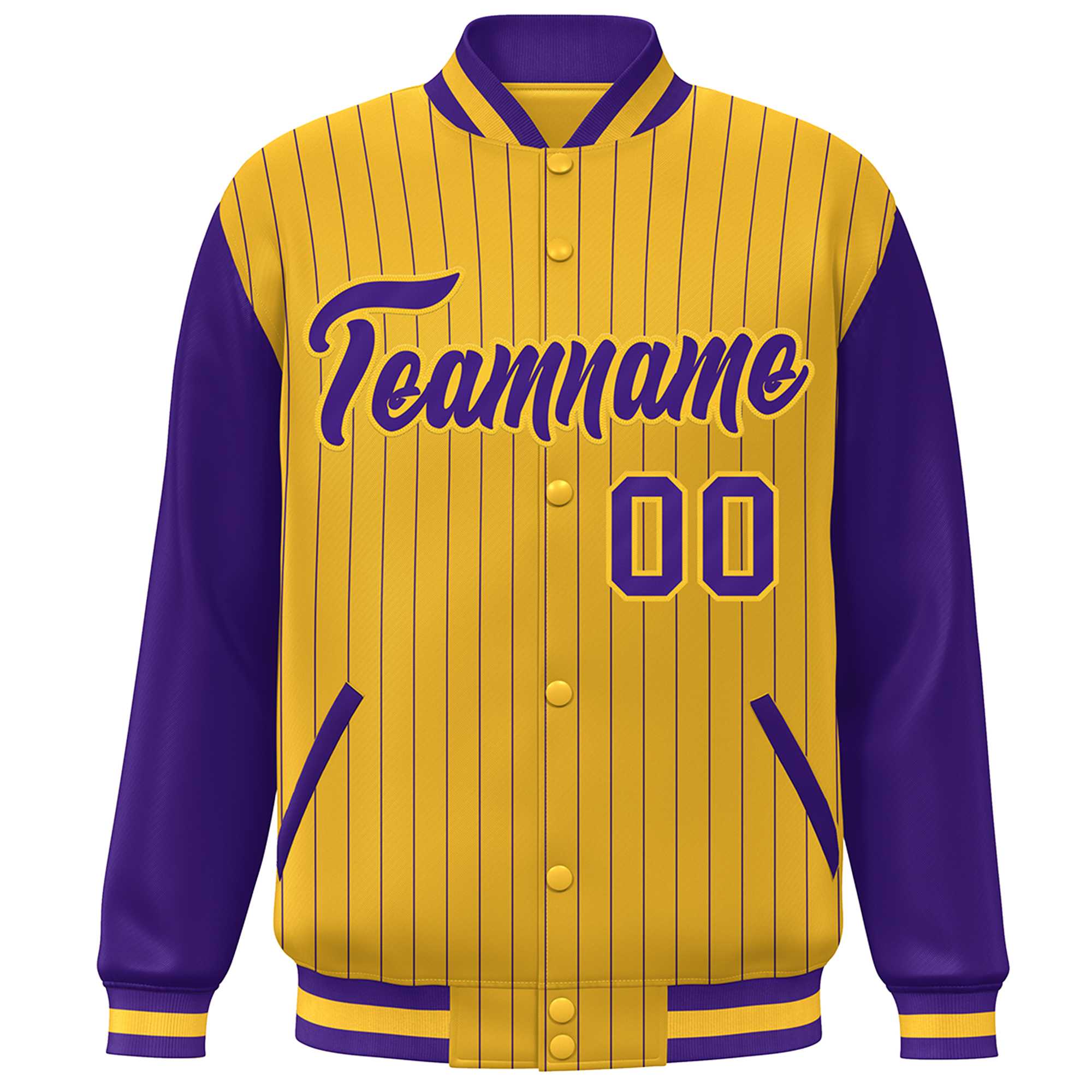 Custom Gold Purple Stripe Fashion Bomber Varsity Jacket with Raglan Sleeves