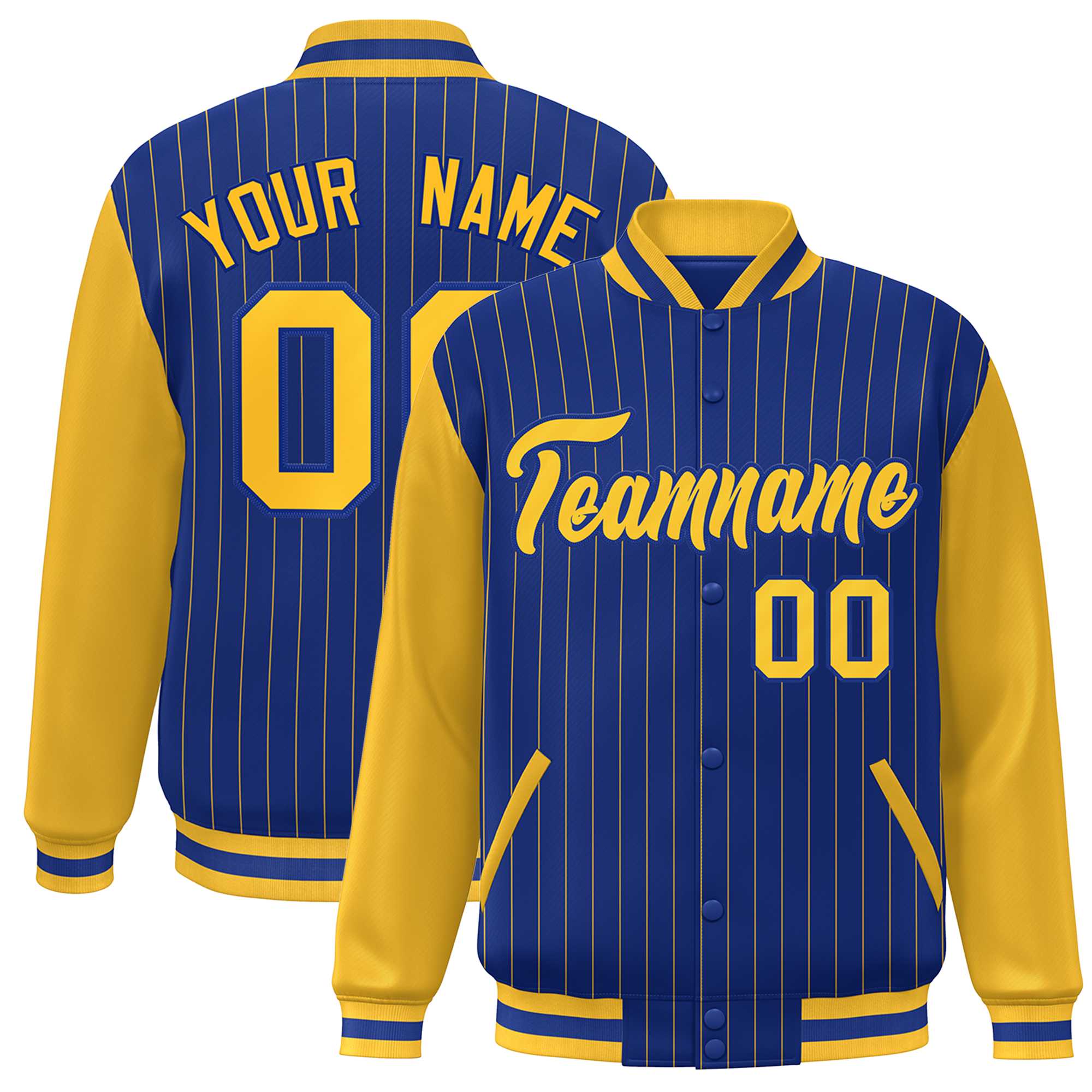 Custom Royal Gold Stripe Fashion Bomber Varsity Jacket with Raglan Sleeves