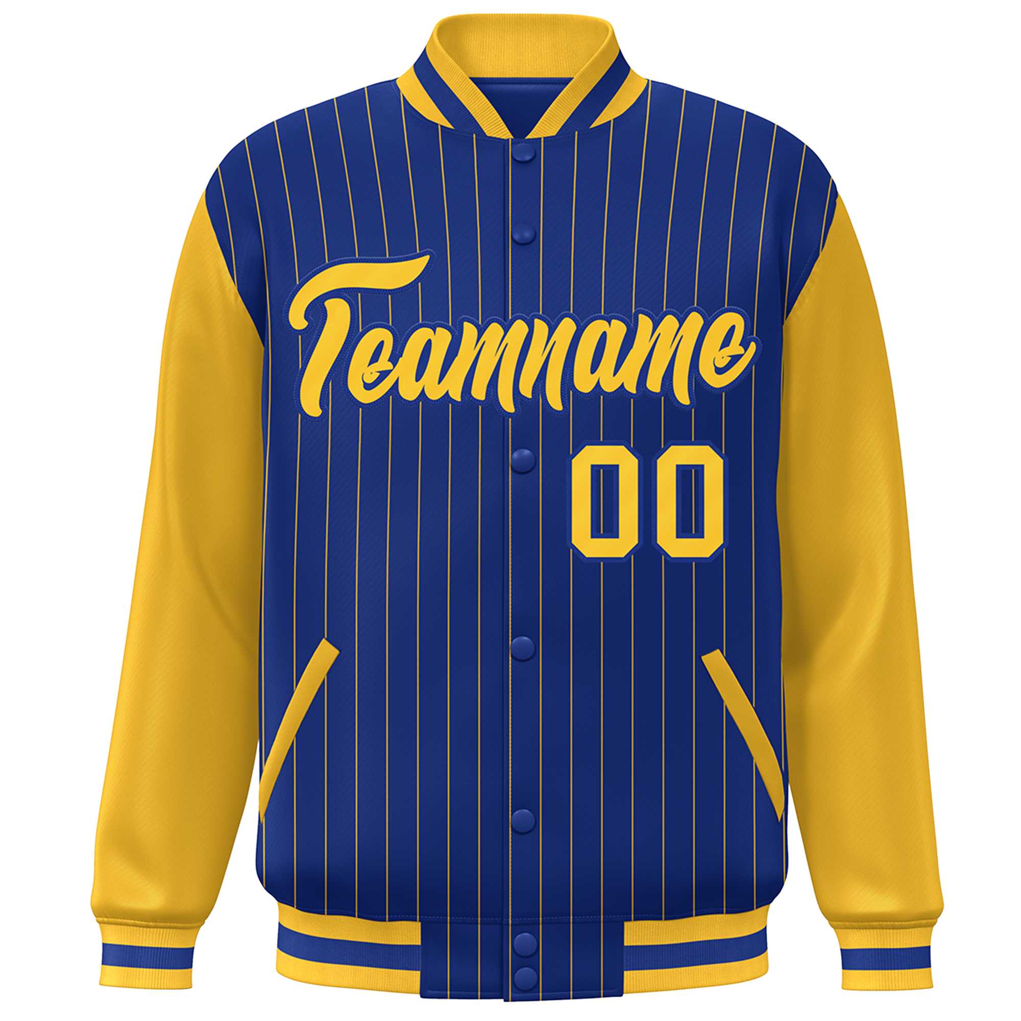 Custom Royal Gold Stripe Fashion Bomber Varsity Jacket with Raglan Sleeves