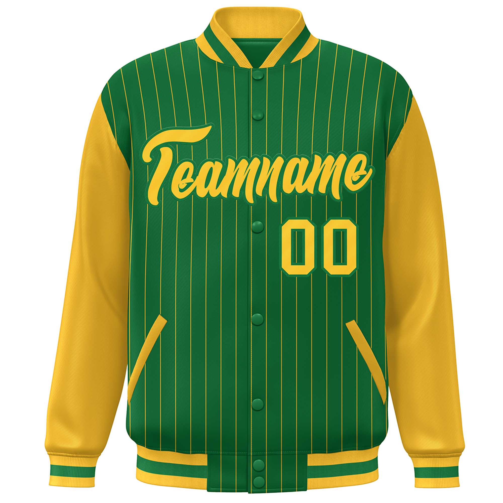 Custom Kelly Green Gold Stripe Fashion Bomber Varsity Jacket with Raglan Sleeves