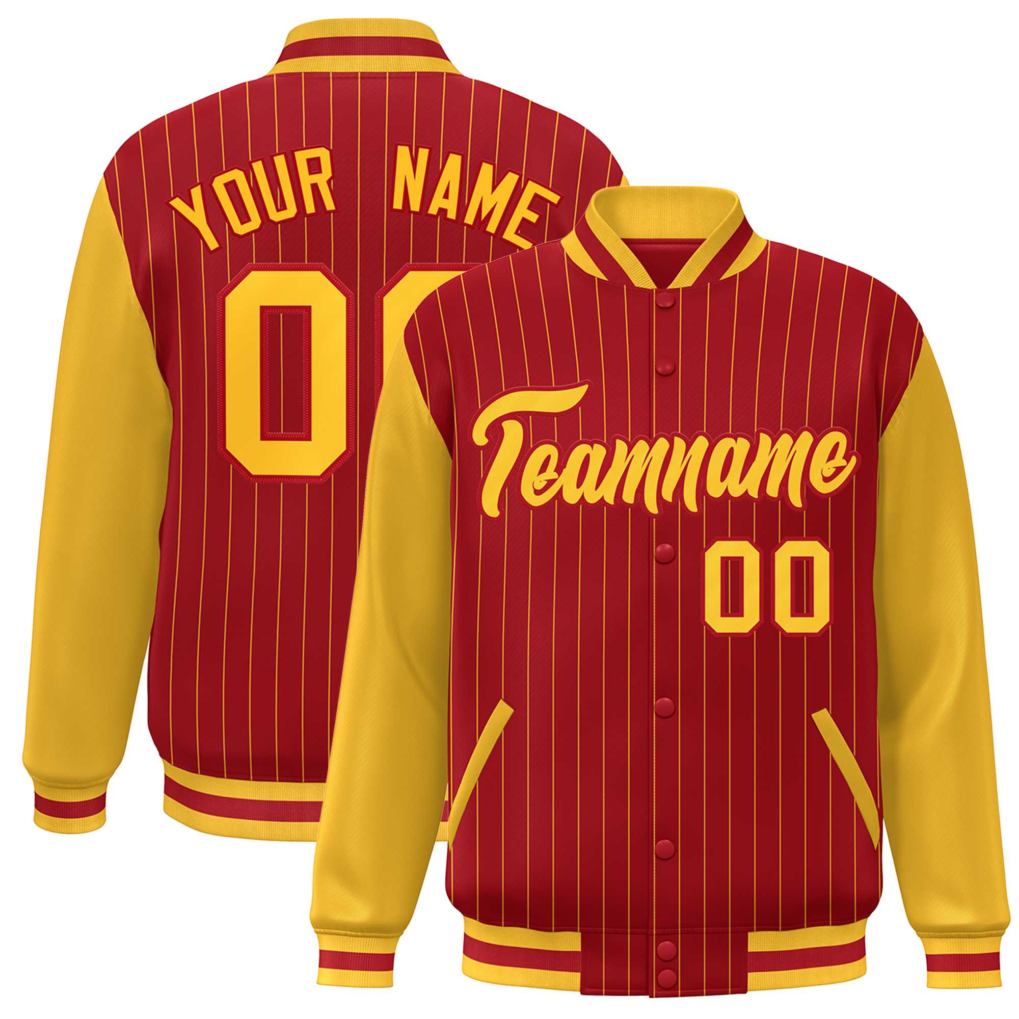 Custom Red Gold Stripe Fashion Bomber Varsity Jacket with Raglan Sleeves