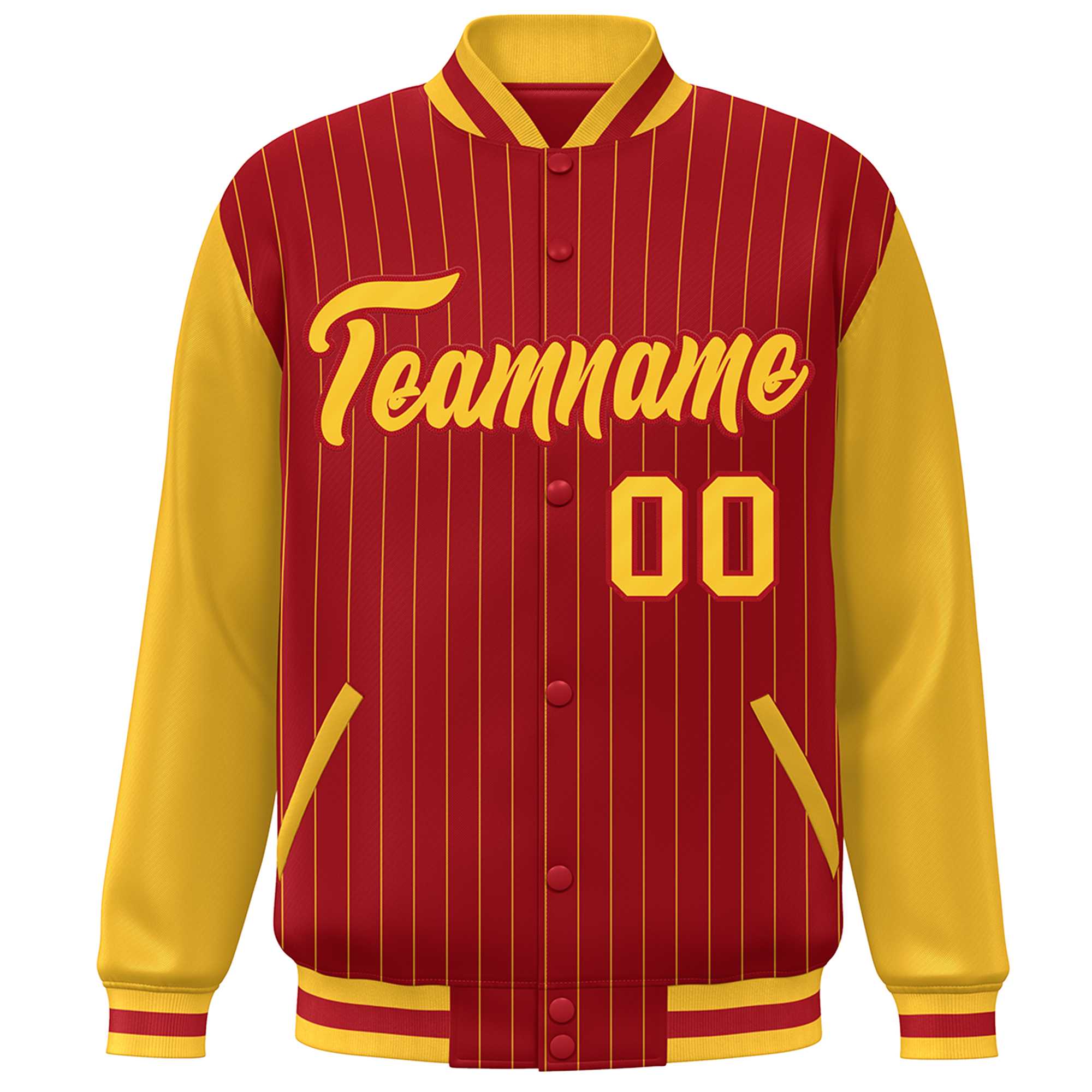 Custom Red Gold Stripe Fashion Bomber Varsity Jacket with Raglan Sleeves