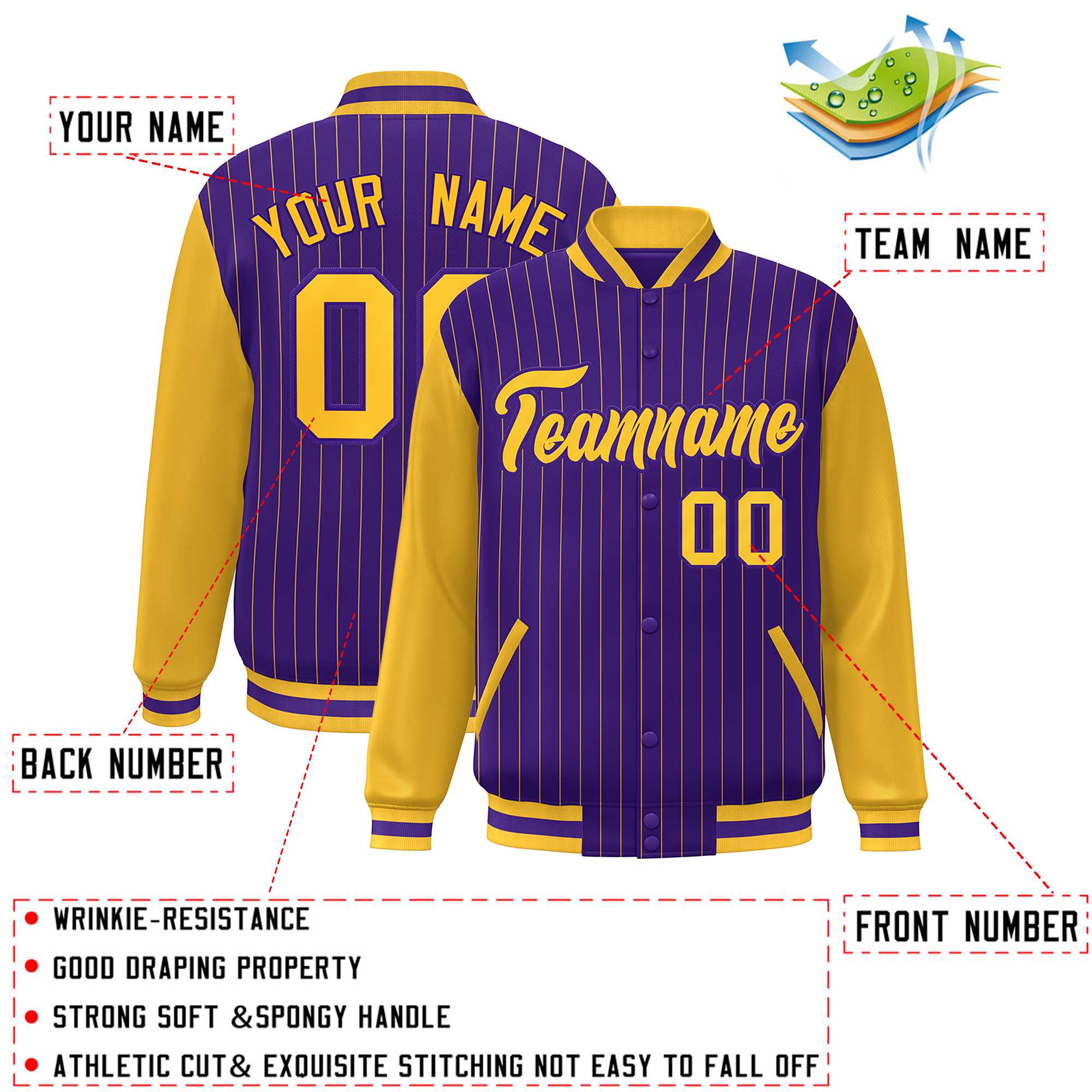 Custom Purple Gold Stripe Fashion Bomber Varsity Jacket with Raglan Sleeves