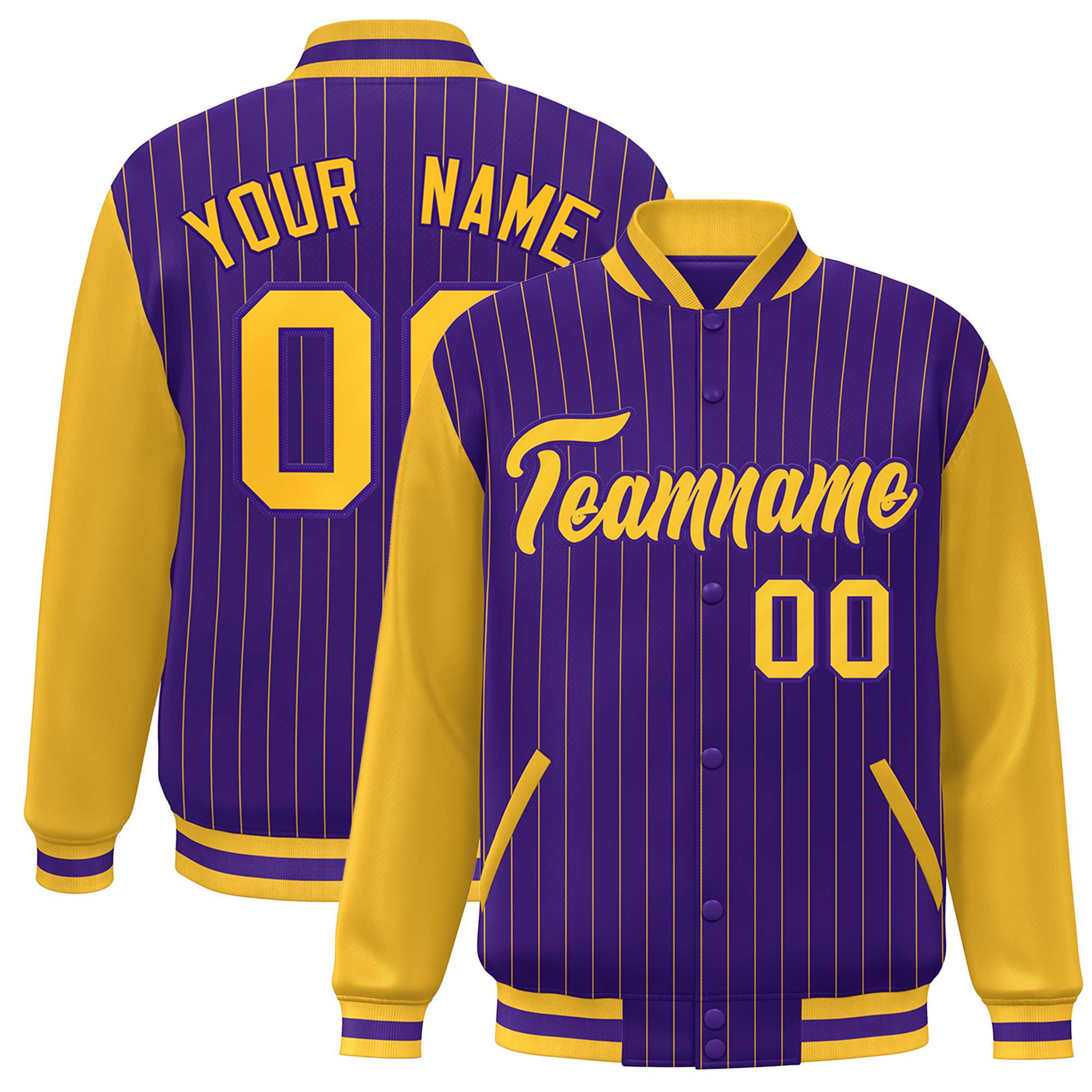 Custom Purple Gold Stripe Fashion Bomber Varsity Jacket with Raglan Sleeves