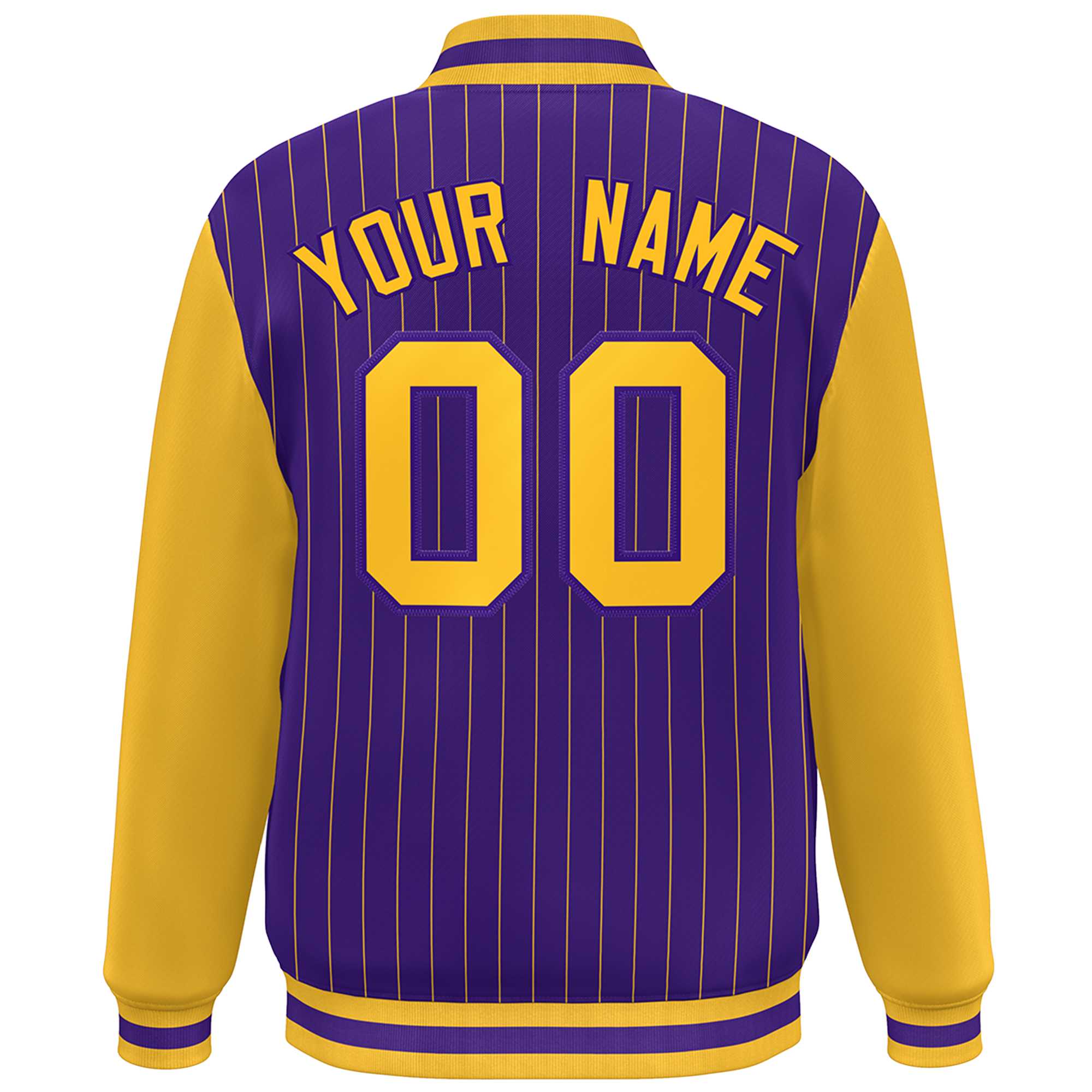 Custom Purple Gold Stripe Fashion Bomber Varsity Jacket with Raglan Sleeves