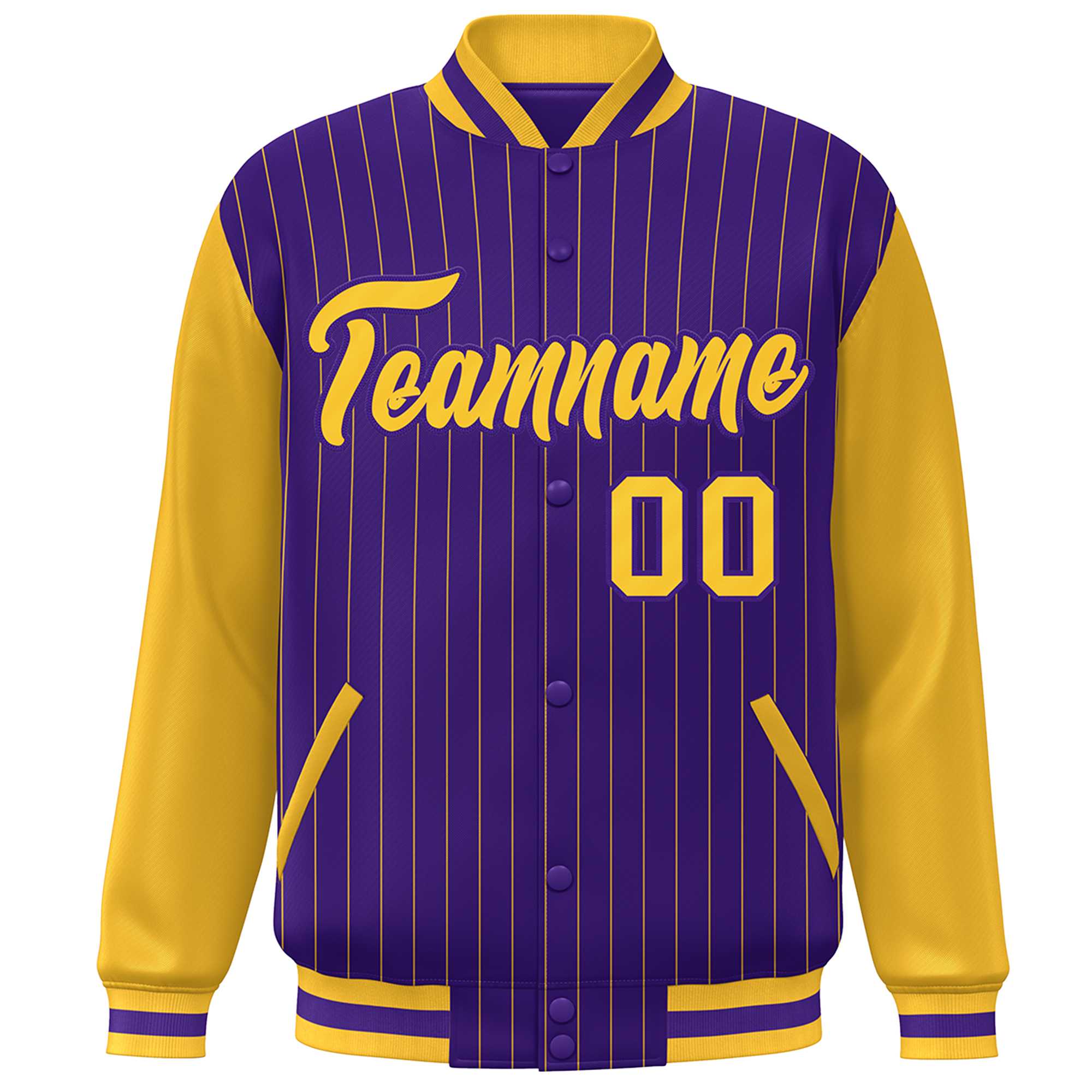 Custom Purple Gold Stripe Fashion Bomber Varsity Jacket with Raglan Sleeves