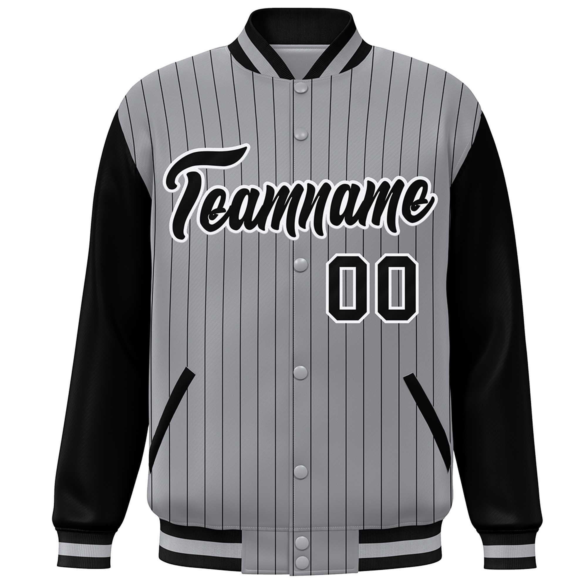 Custom Gray Black-White Stripe Fashion Bomber Varsity Jacket with Raglan Sleeves