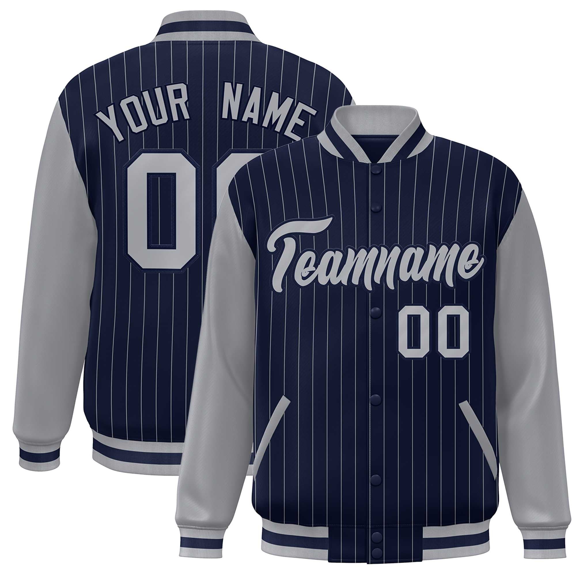 Custom Navy Gray Stripe Fashion Bomber Varsity Jacket with Raglan Sleeves