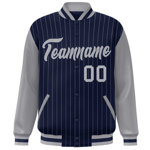 Custom Navy Gray Stripe Fashion Bomber Varsity Jacket with Raglan Sleeves