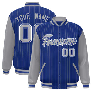 Custom Royal Gray-White Stripe Fashion Bomber Varsity Jacket with Raglan Sleeves