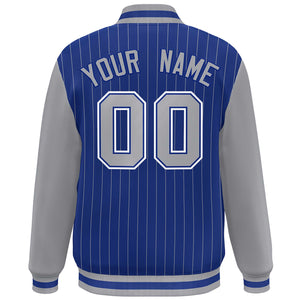 Custom Royal Gray-White Stripe Fashion Bomber Varsity Jacket with Raglan Sleeves