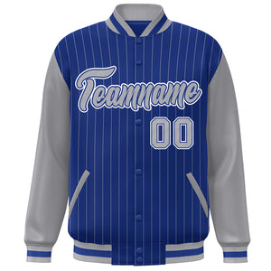 Custom Royal Gray-White Stripe Fashion Bomber Varsity Jacket with Raglan Sleeves