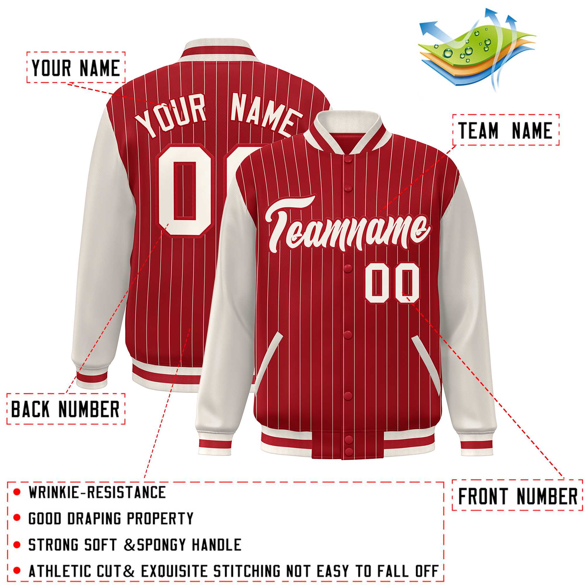 Custom Red Cream Stripe Fashion Bomber Varsity Jacket with Raglan Sleeves