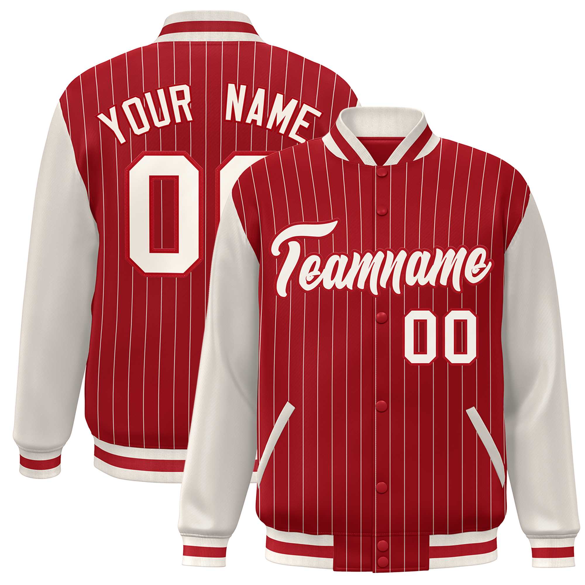 Custom Red Cream Stripe Fashion Bomber Varsity Jacket with Raglan Sleeves