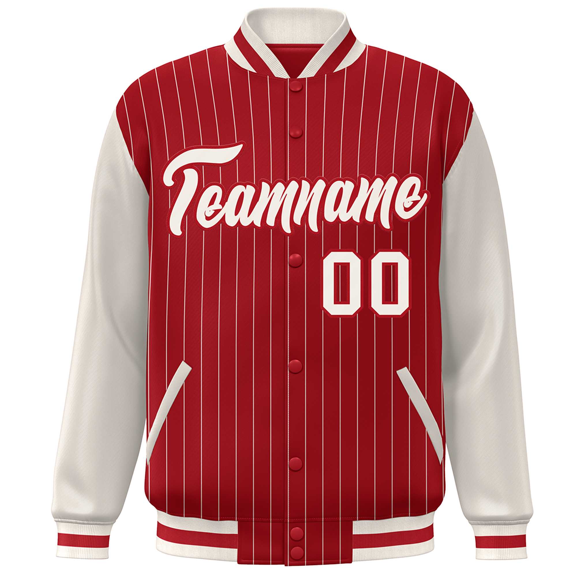 Custom Red Cream Stripe Fashion Bomber Varsity Jacket with Raglan Sleeves