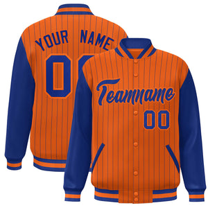 Custom Orange Royal Stripe Fashion Bomber Varsity Jacket with Raglan Sleeves