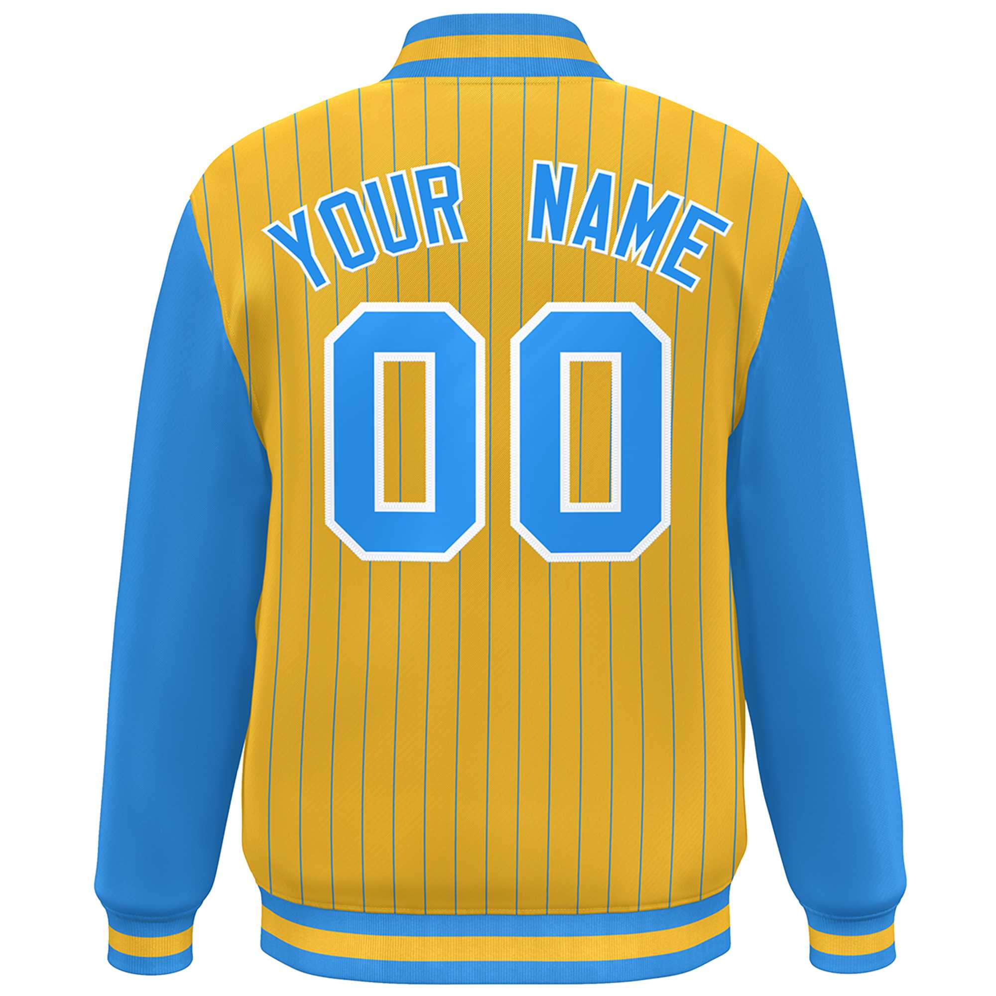 Custom Gold Powder Blue-White Stripe Fashion Bomber Varsity Jacket with Raglan Sleeves