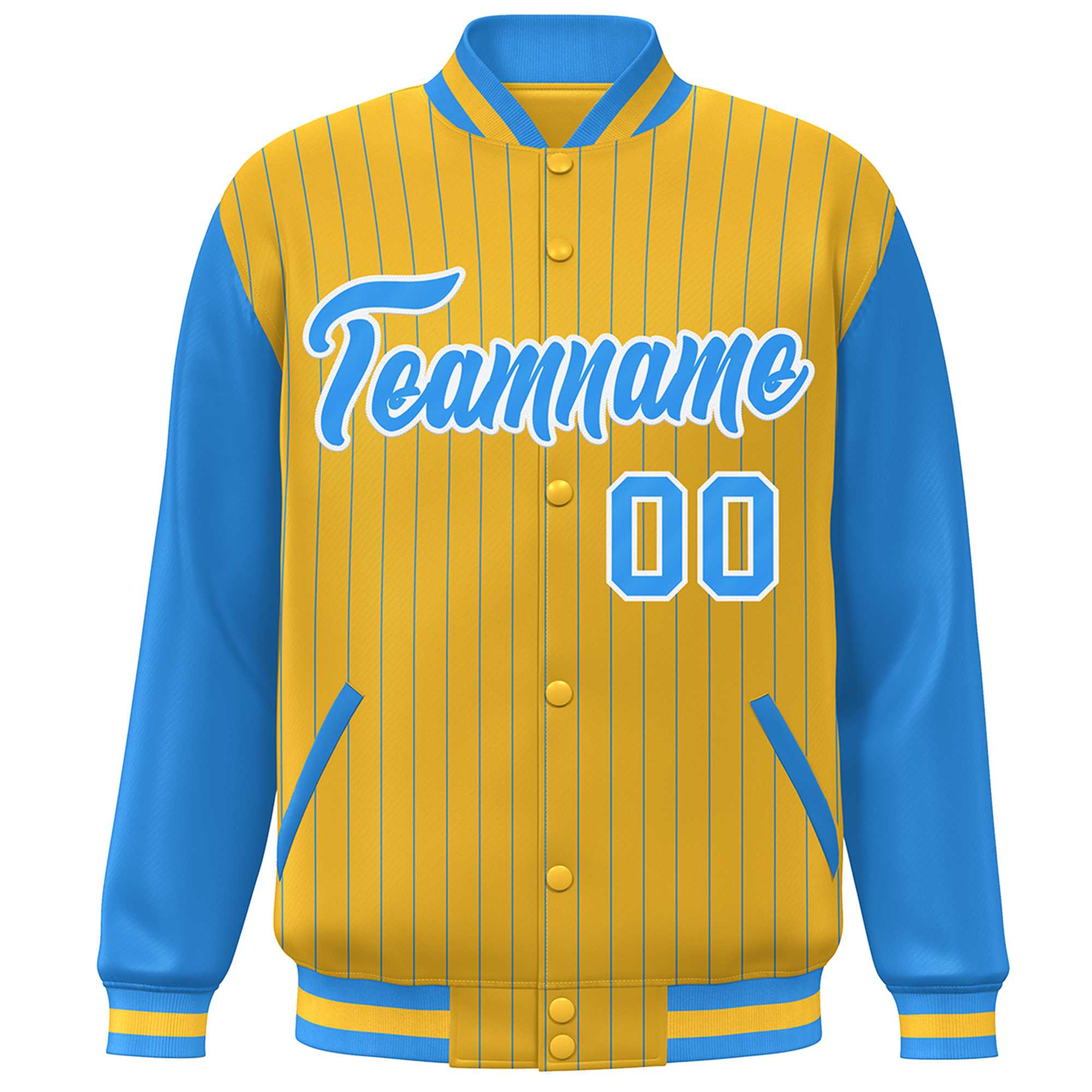 Custom Gold Powder Blue-White Stripe Fashion Bomber Varsity Jacket with Raglan Sleeves