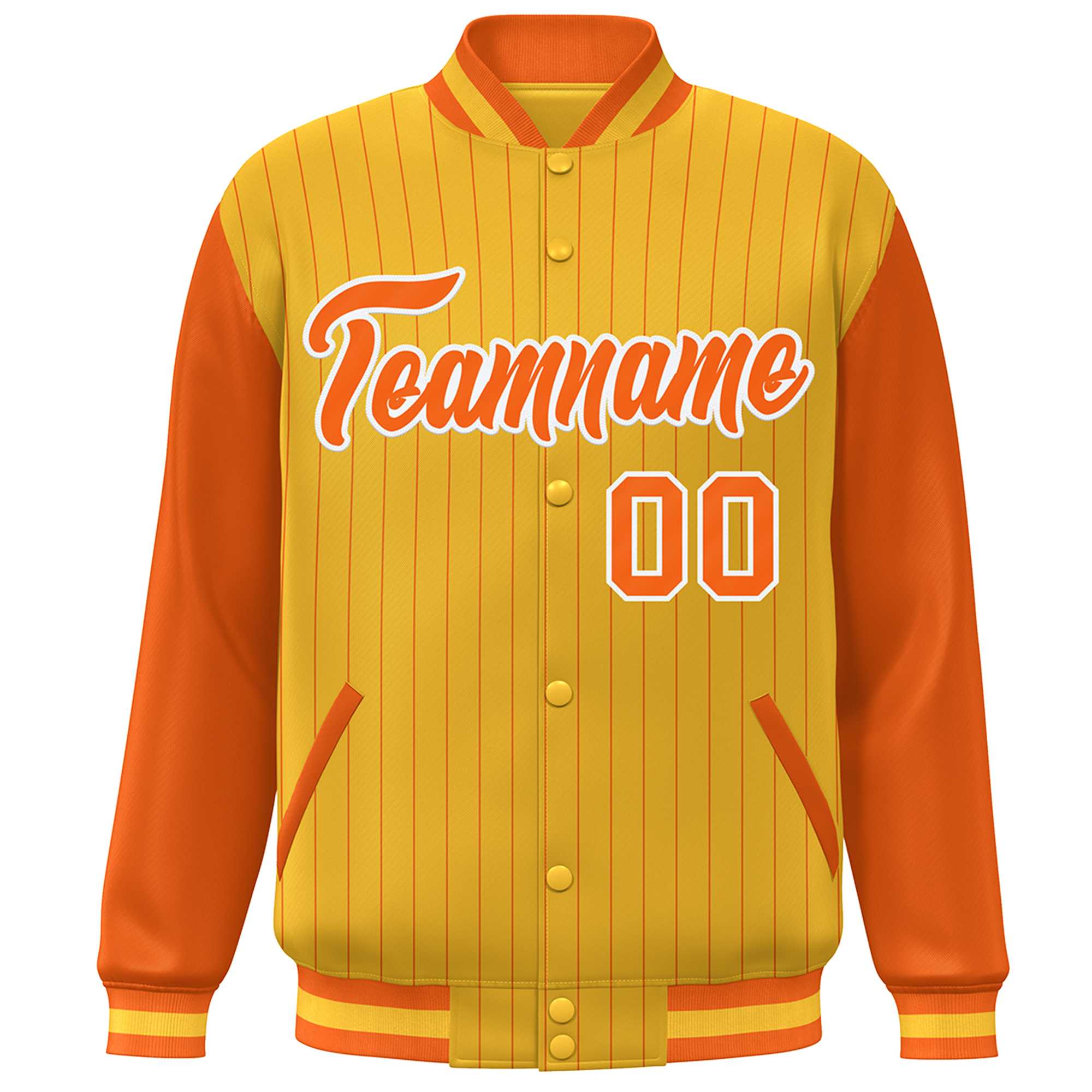 Custom Gold Orange-White Stripe Fashion Bomber Varsity Jacket with Raglan Sleeves