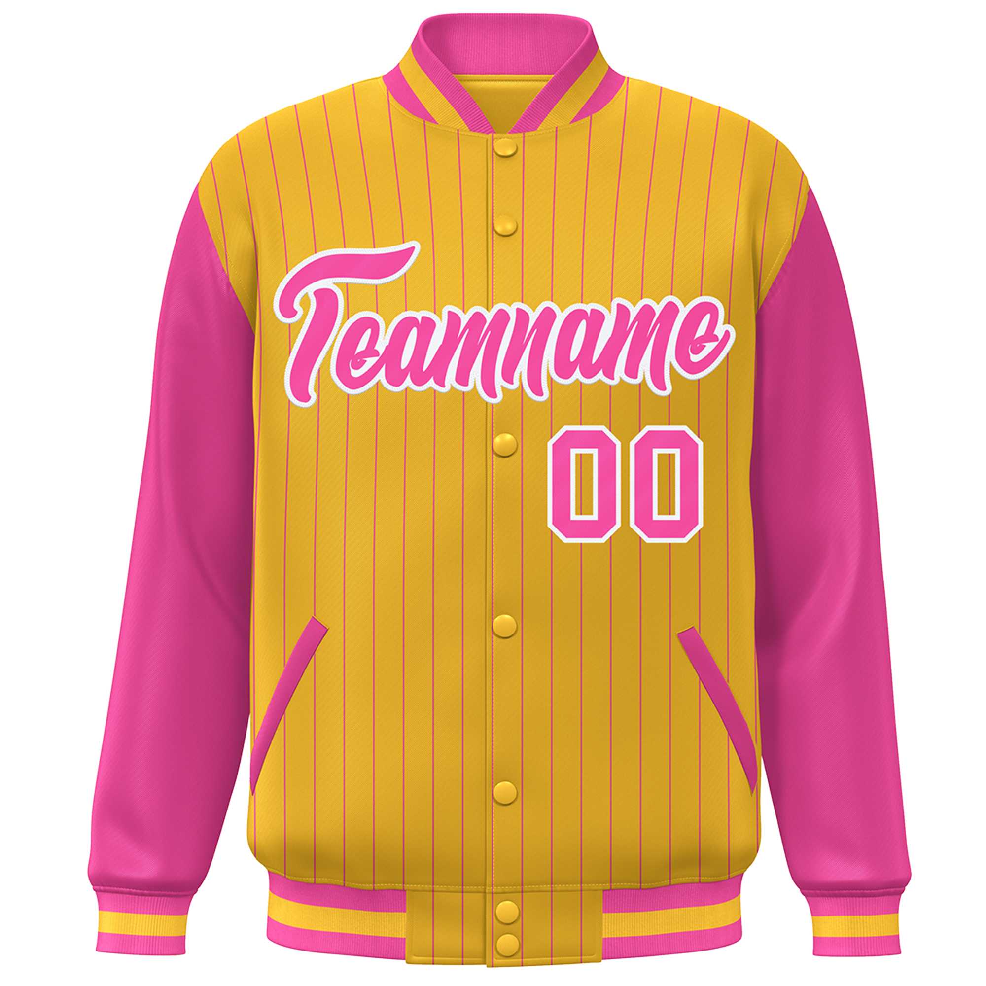 Custom Gold Pink-White Stripe Fashion Bomber Varsity Jacket with Raglan Sleeves