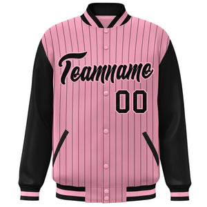 Custom Pink Black Stripe Fashion Bomber Varsity Jacket with Raglan Sleeves