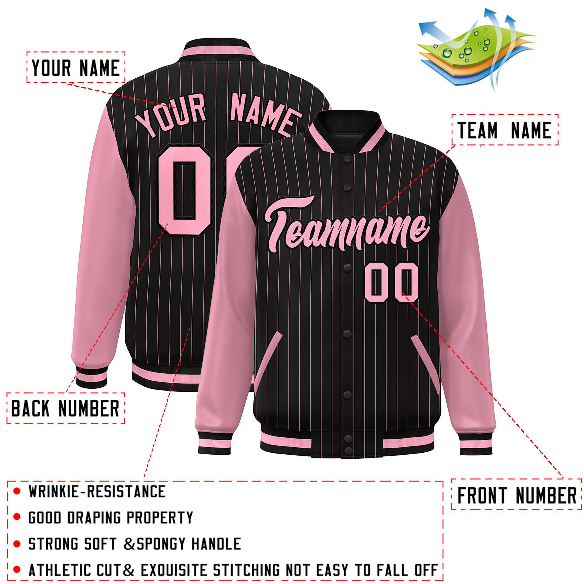 Custom Black Pink Stripe Fashion Bomber Varsity Jacket with Raglan Sleeves