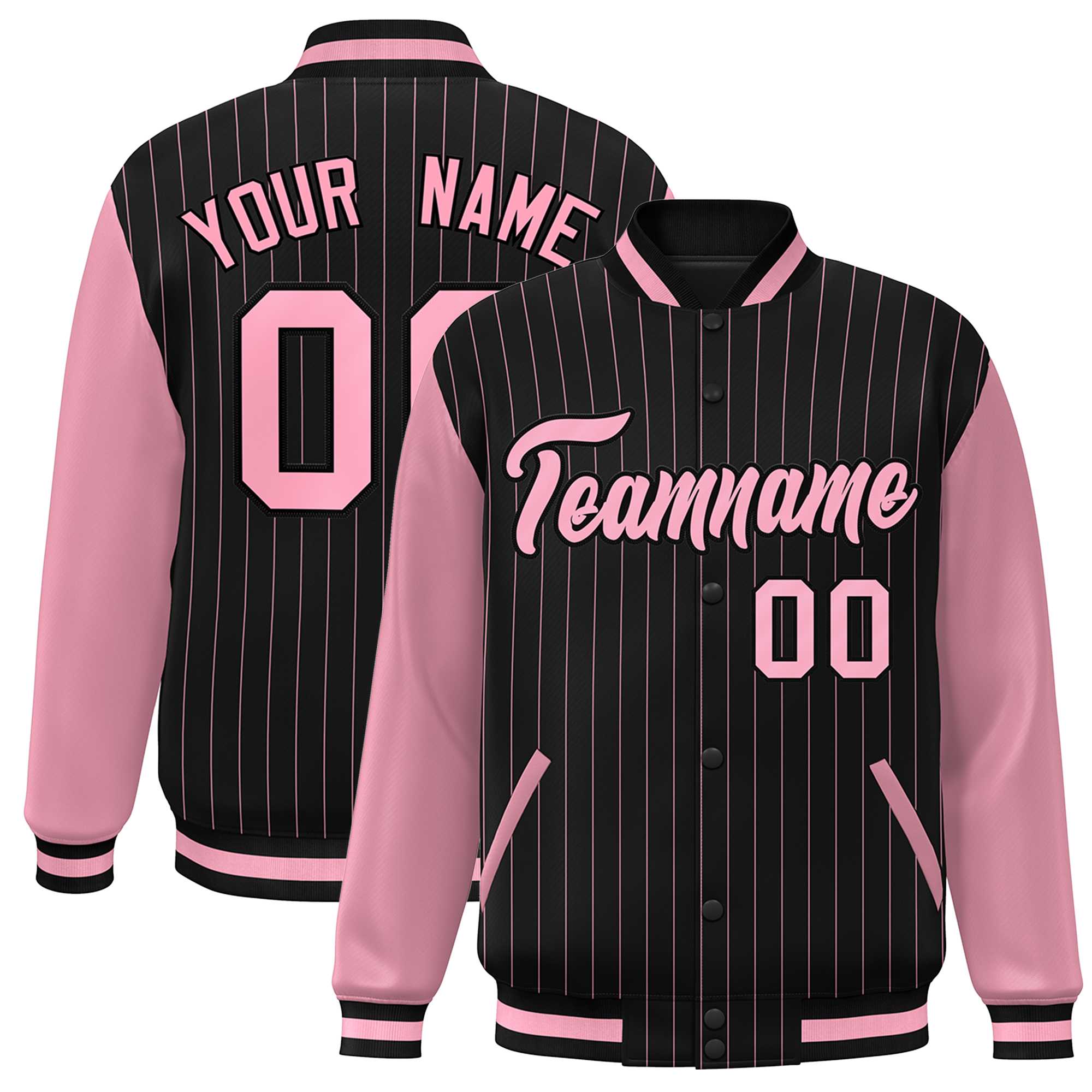 Custom Black Pink Stripe Fashion Bomber Varsity Jacket with Raglan Sleeves