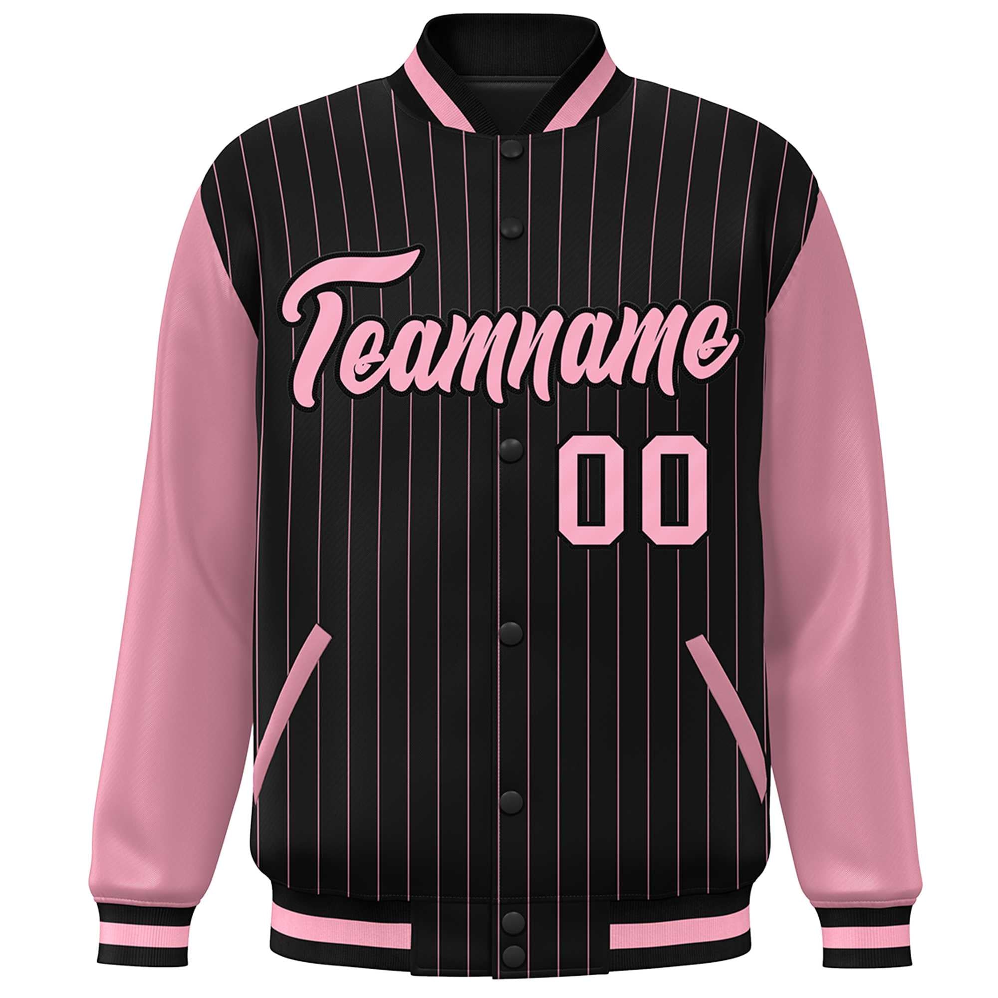 Custom Black Pink Stripe Fashion Bomber Varsity Jacket with Raglan Sleeves