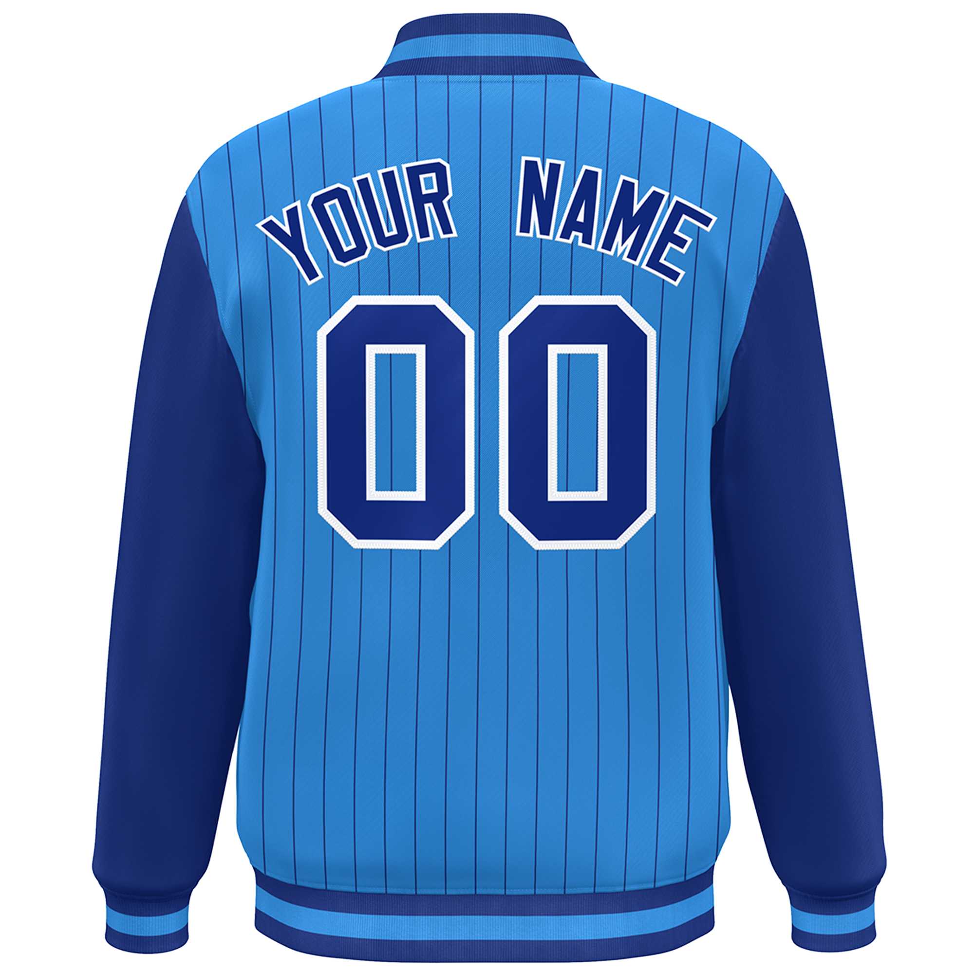 Custom Powder Blue Royal-White Stripe Fashion Bomber Varsity Jacket with Raglan Sleeves