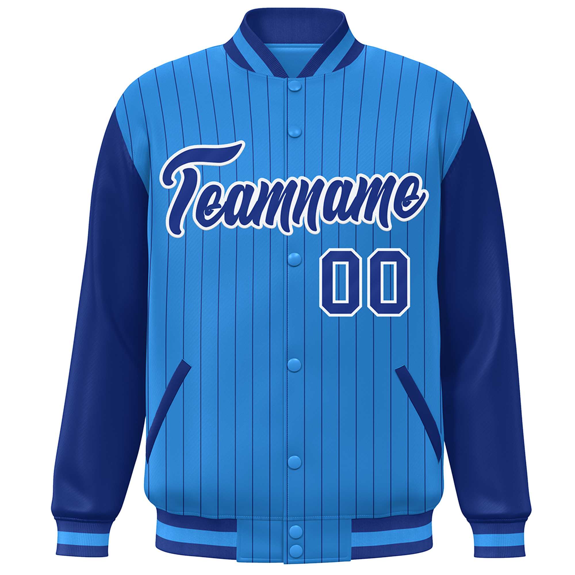 Custom Powder Blue Royal-White Stripe Fashion Bomber Varsity Jacket with Raglan Sleeves