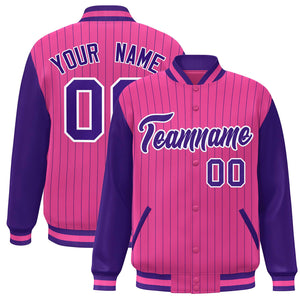 Custom Pink Purple-White Stripe Fashion Bomber Varsity Jacket with Raglan Sleeves