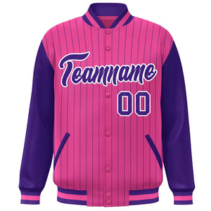 Custom Pink Purple-White Stripe Fashion Bomber Varsity Jacket with Raglan Sleeves