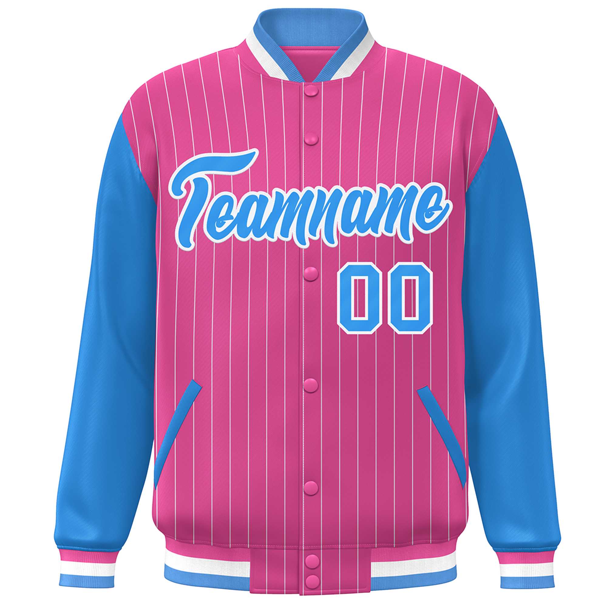 Custom Pink Powder Blue-White Stripe Fashion Bomber Varsity Jacket with Raglan Sleeves