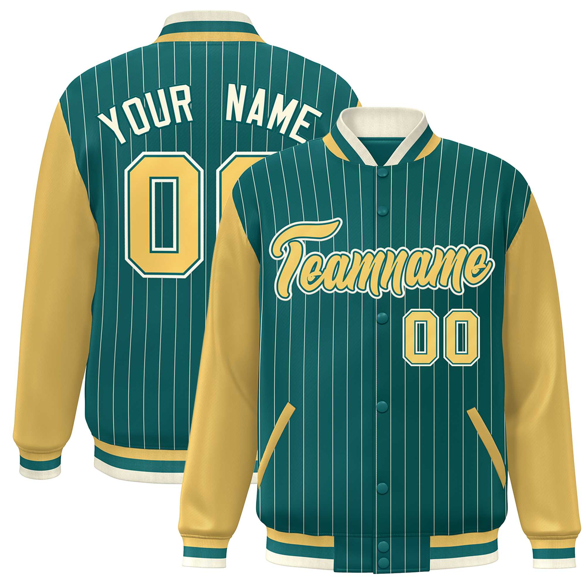 Custom Aqua Khaki-White Stripe Fashion Bomber Varsity Jacket with Raglan Sleeves