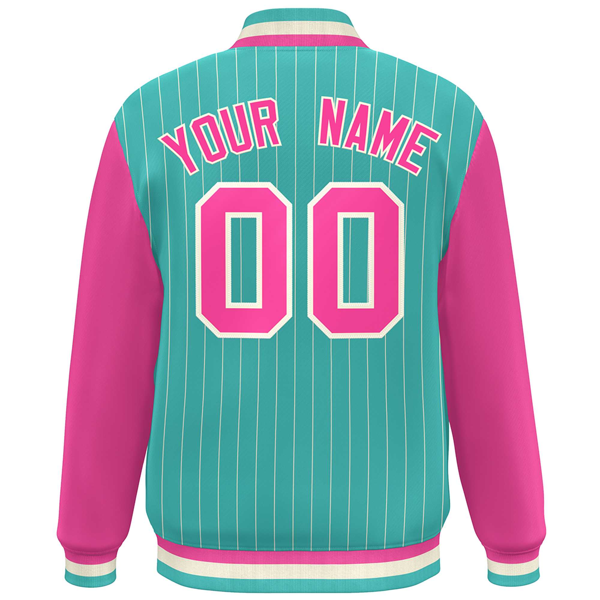 Custom Aqua Pink-White Stripe Fashion Bomber Varsity Jacket with Raglan Sleeves