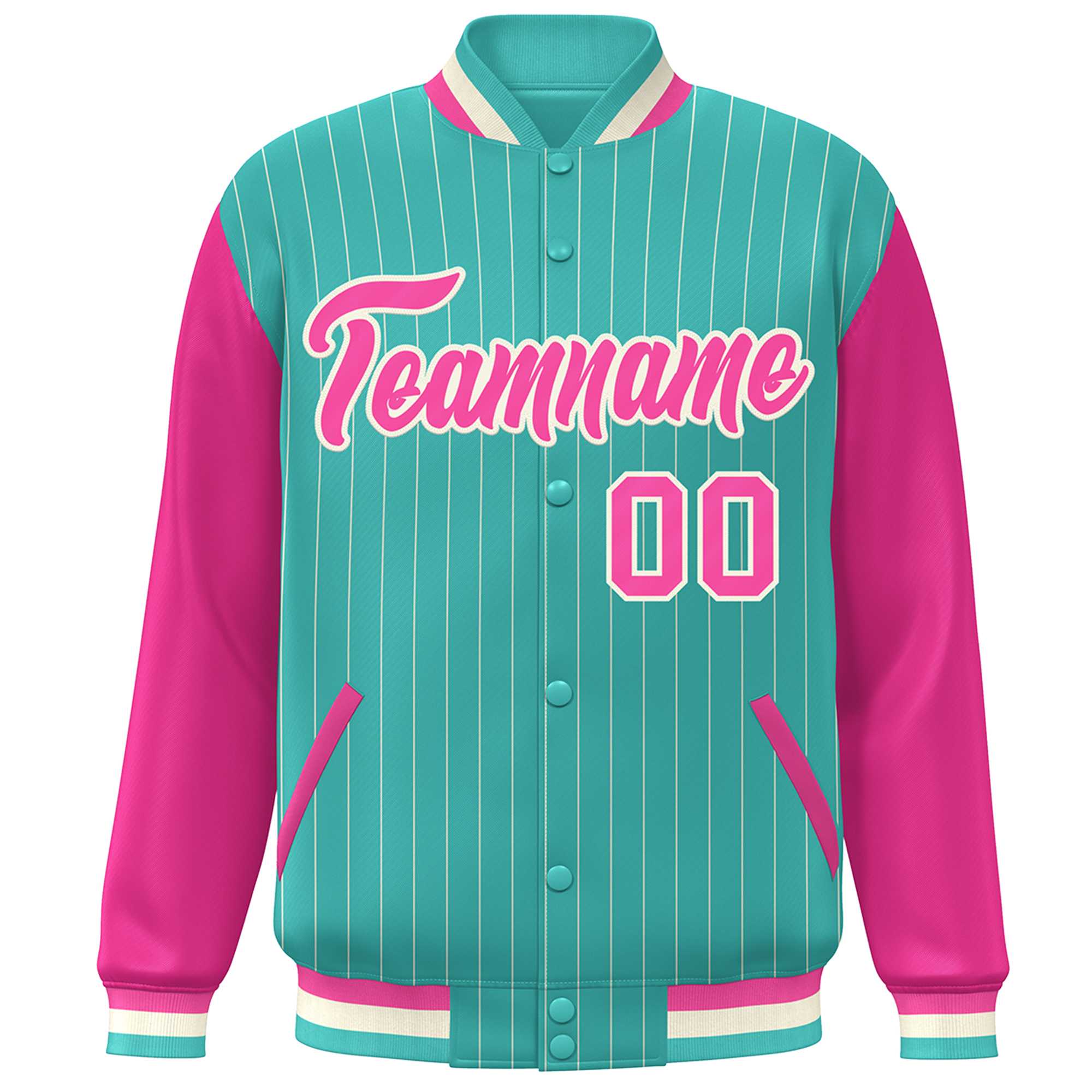 Custom Aqua Pink-White Stripe Fashion Bomber Varsity Jacket with Raglan Sleeves