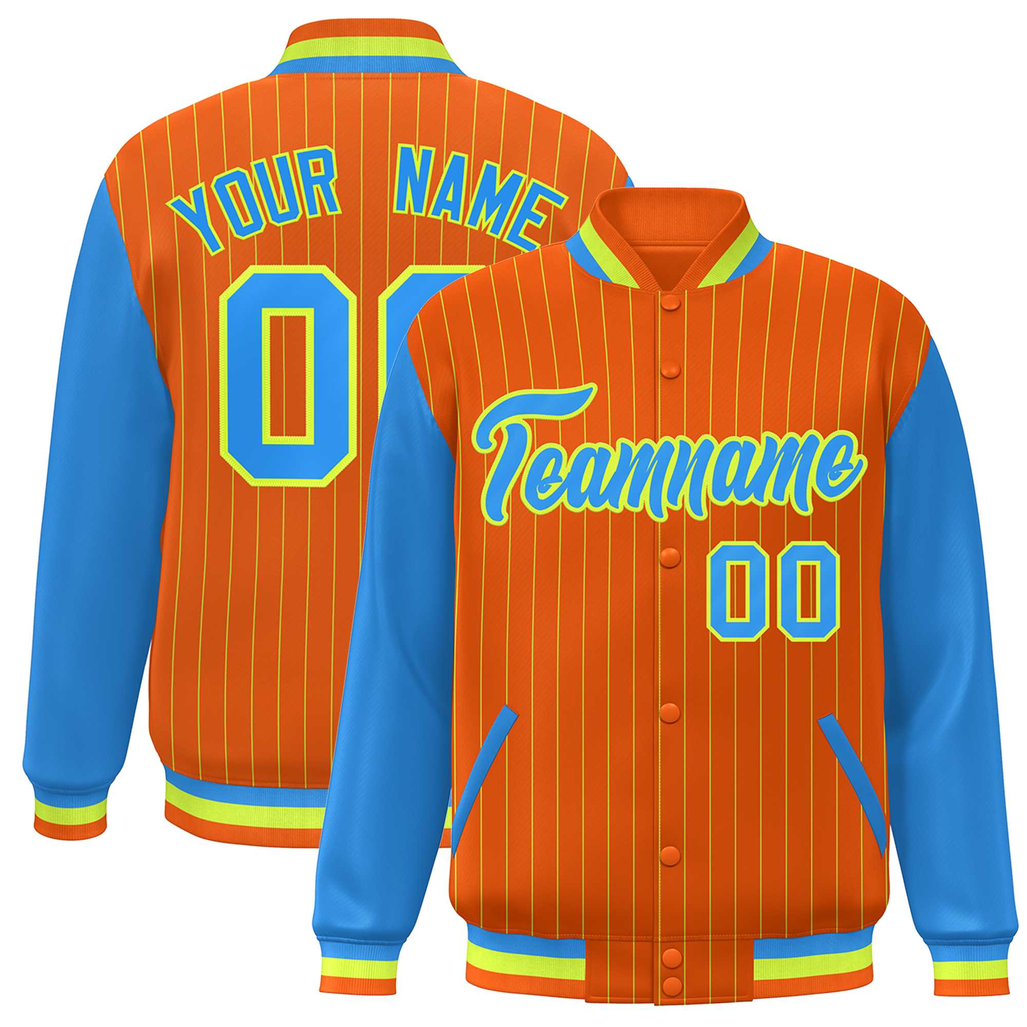 Custom Orange Powder Blue-Neon Green Stripe Fashion Bomber Varsity Jacket with Raglan Sleeves